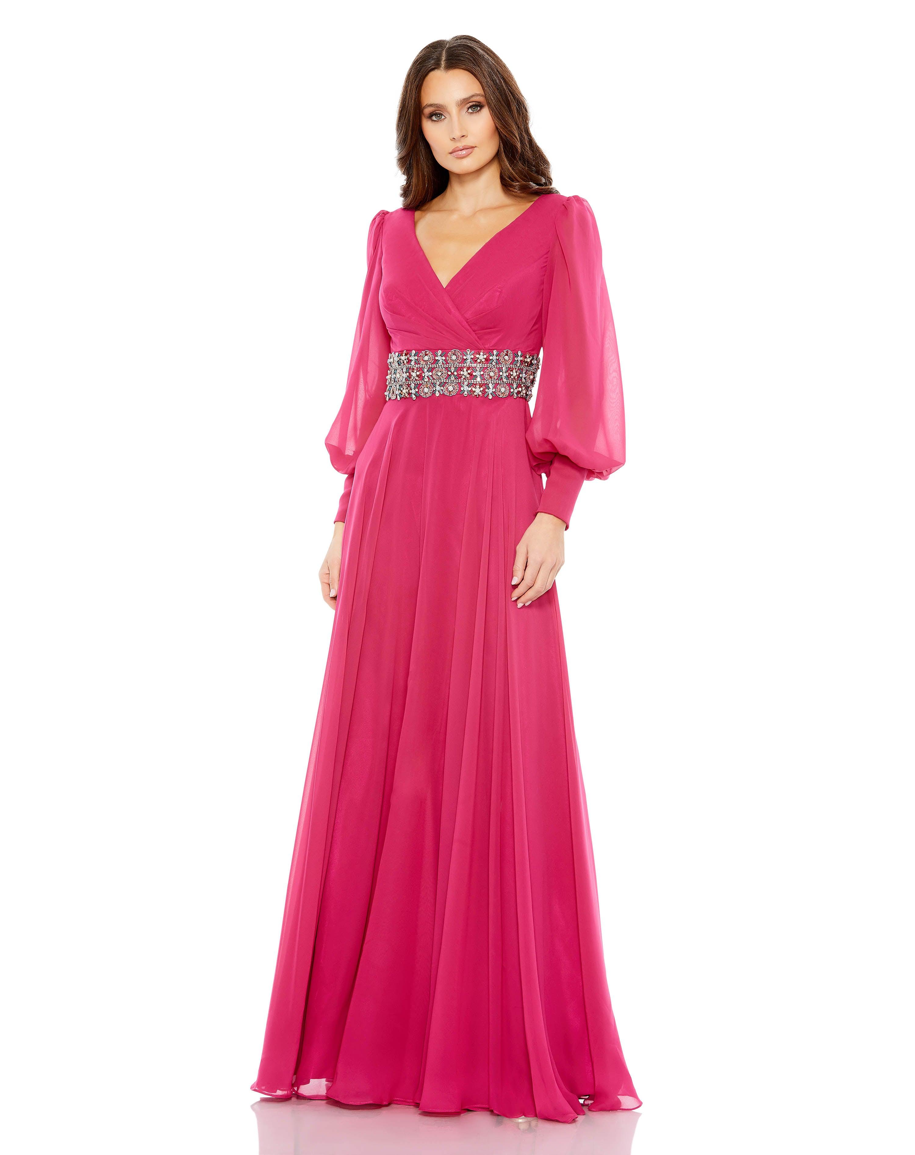 Mac Duggal - Pink Bishop Sleeve Wrap Over Belt Detail Flowy Gown - US 20 Mac Duggal - Pink Bishop Sleeve Wrap Over Belt Detail Flowy Gown - US 20