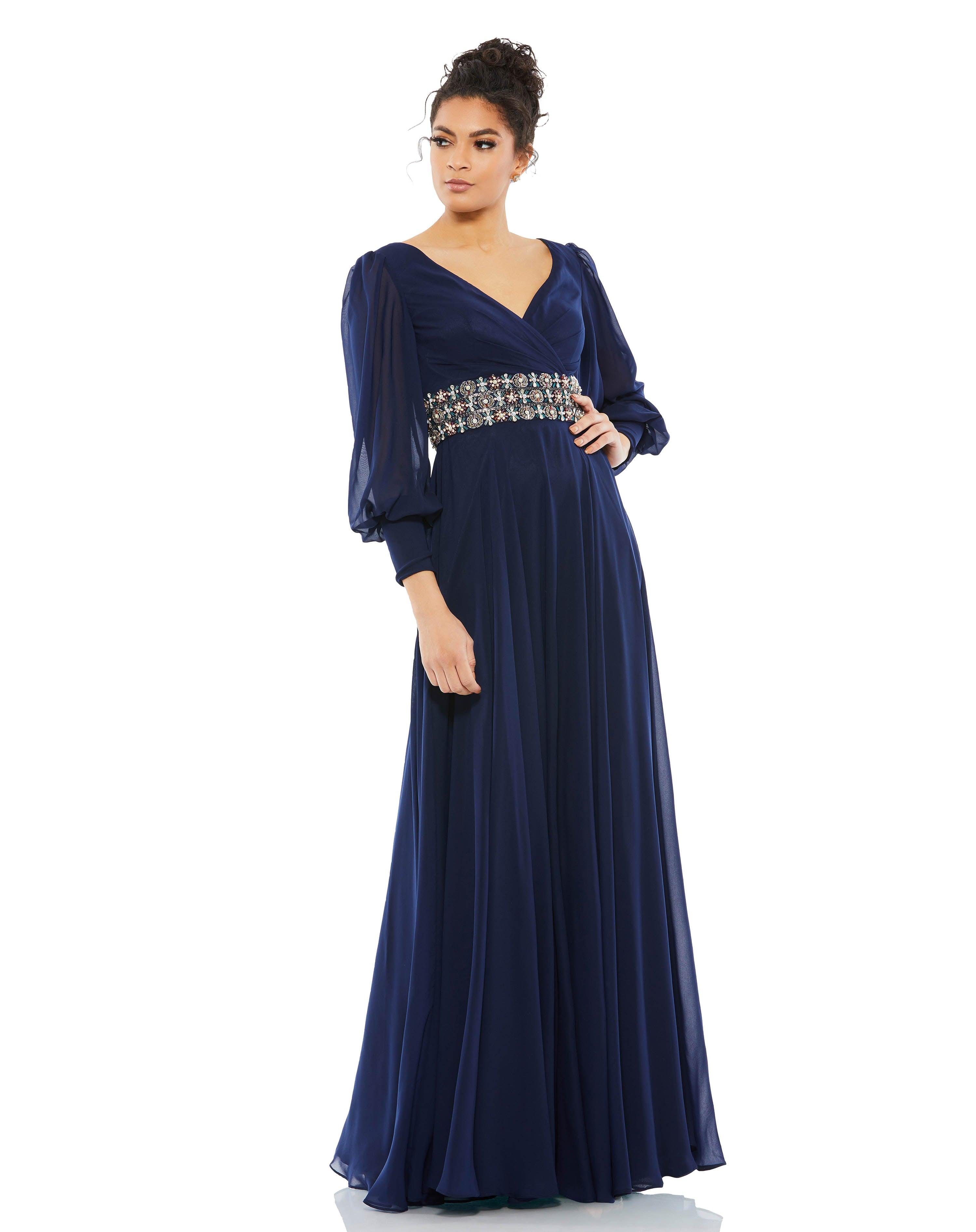 long couture long sleeve hand beaded formal dress reviews Bishop Sleeve Wrap Over Belt Detail Flowy Gown