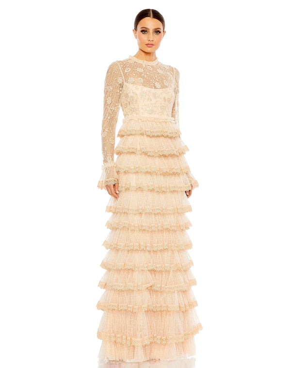 Long Sleeve Formal Tiered Evening Dress Tiered Long Sleeve Evening Mac Duggal 8004
