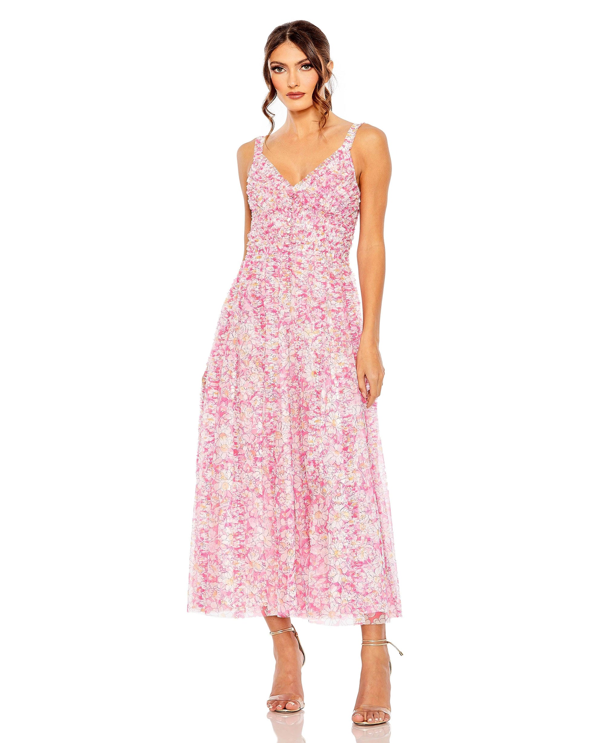 Mac Duggal 8012 Sleeveless Floral Tea Length Formal Dress