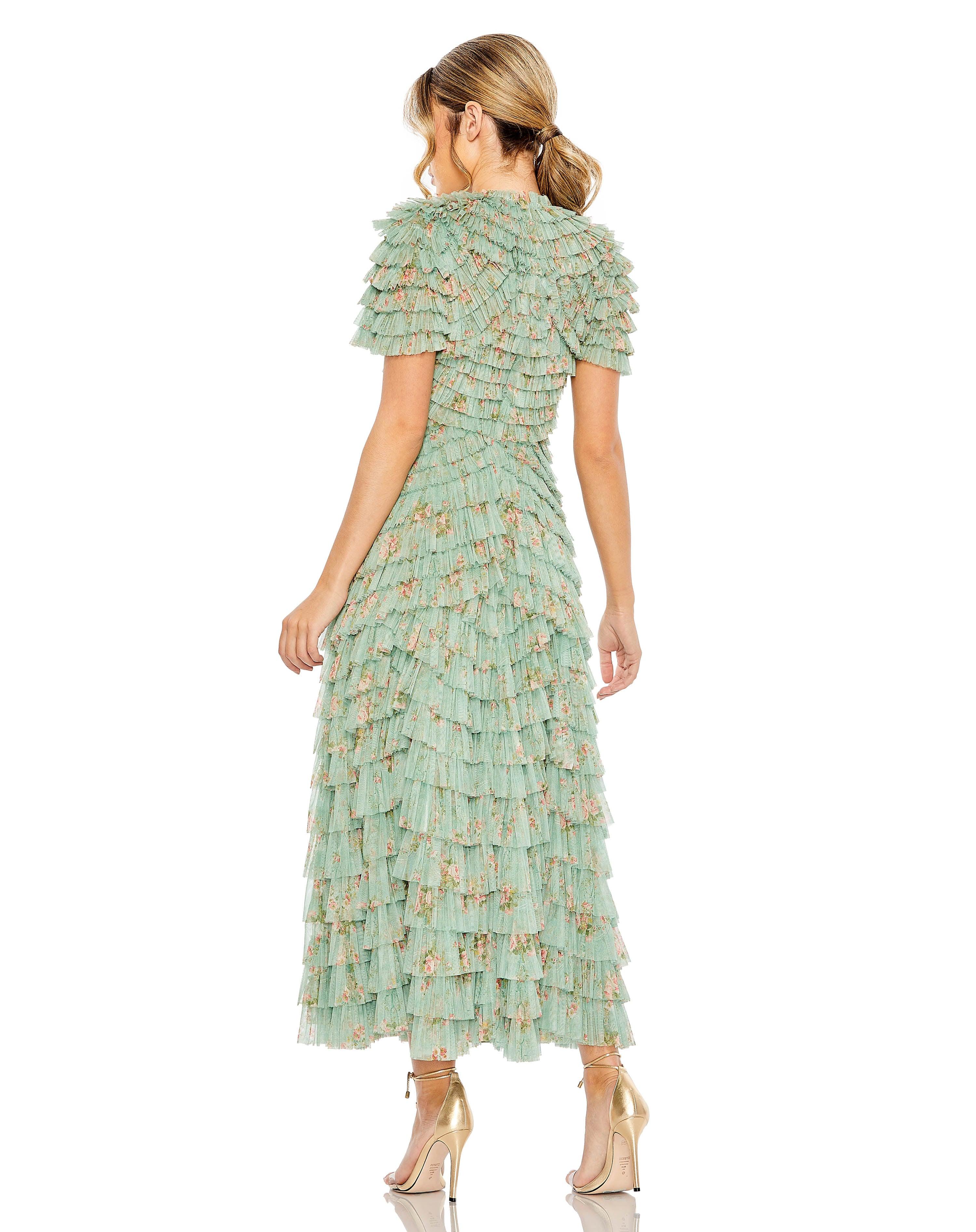 Formal Dresses Short Sleeve Tea Length Formal Dress Sage Multi