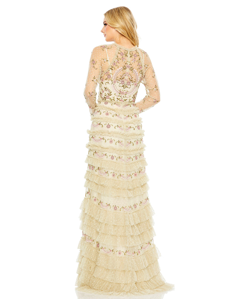 Taupe Multi Mac Duggal 8030 Long Sleeve Formal Evening Dress for $399.0 – The Dress Outlet
