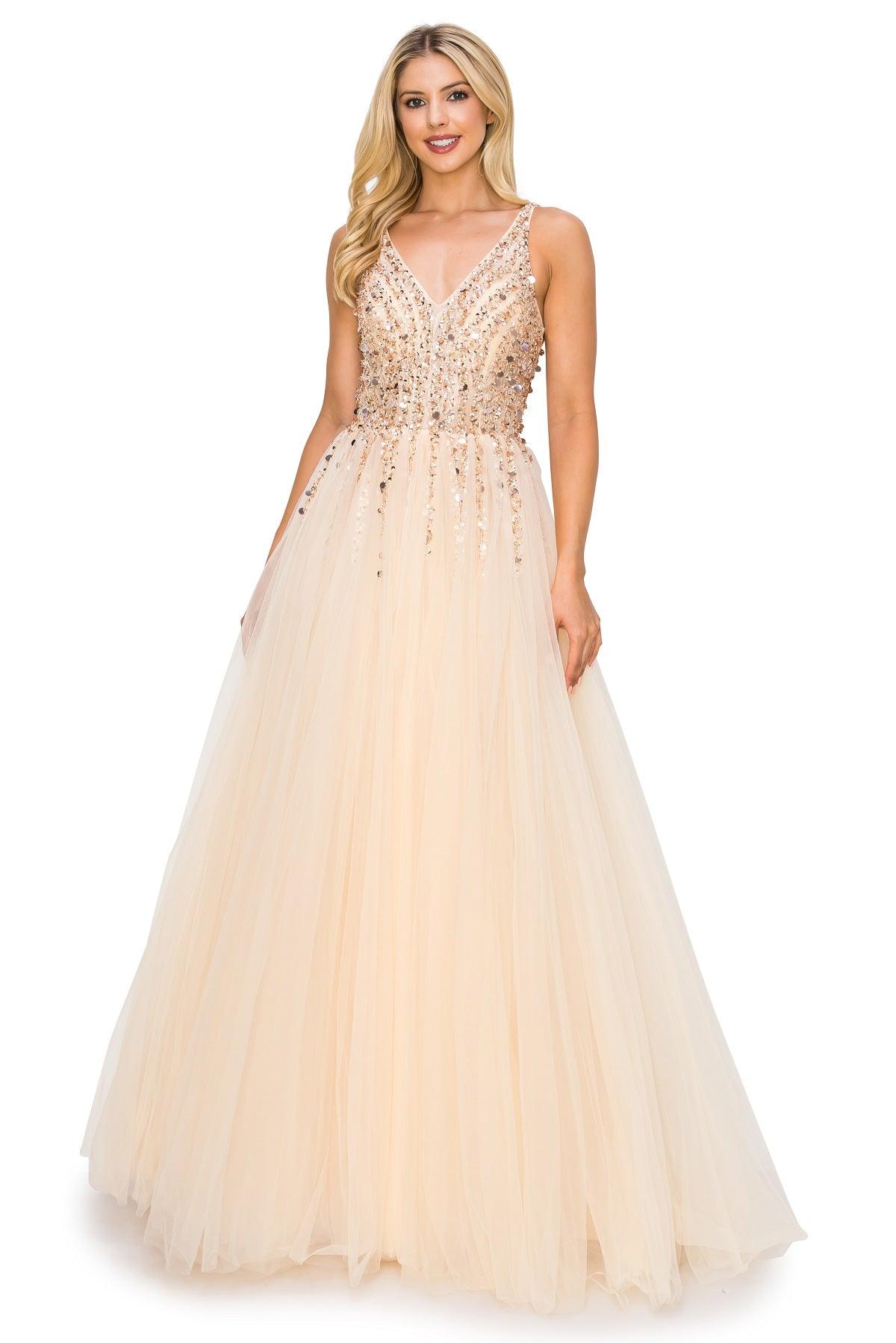 Cinderella Couture CC8034J Sleeveless Beaded Tulle Gown Champagne