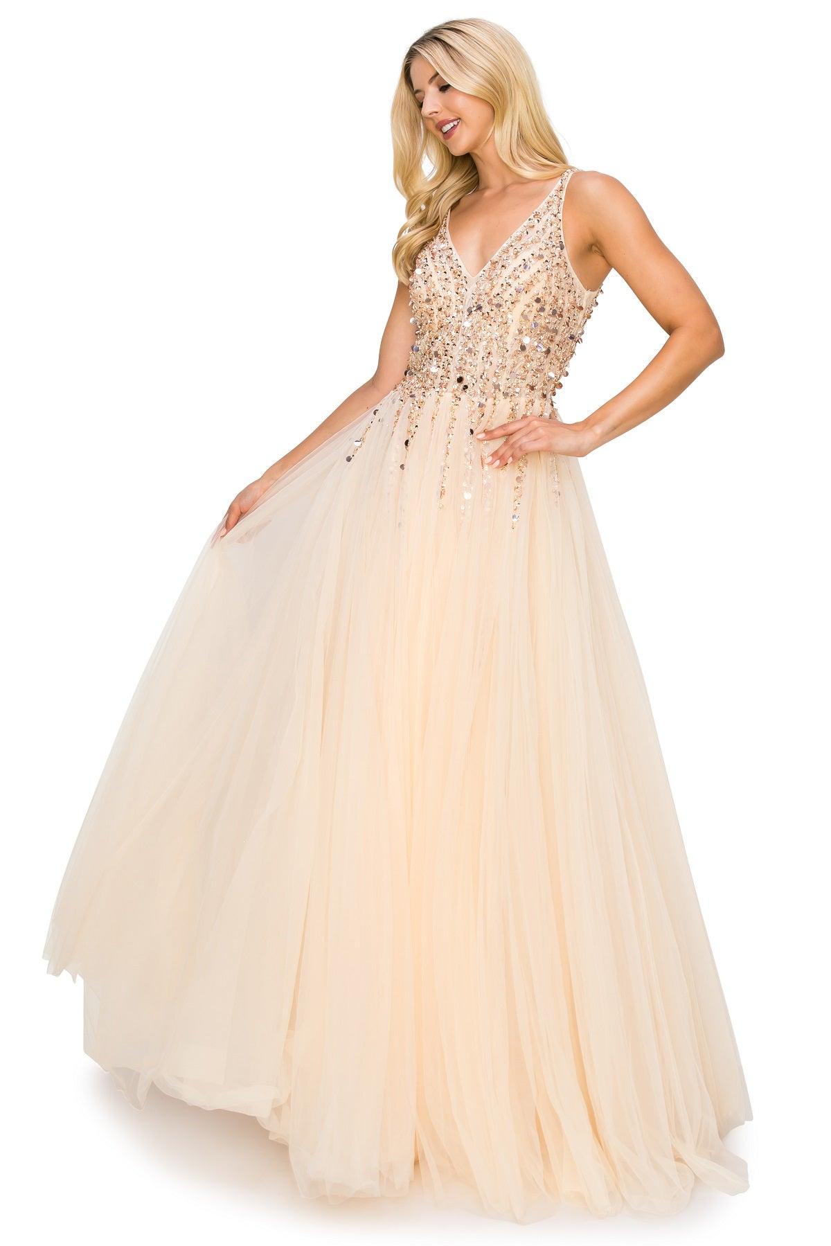 Cinderella Couture CC8034J Sleeveless Beaded Tulle Gown Champagne