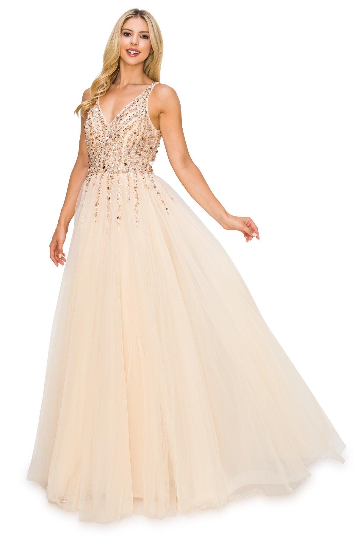 Cinderella Couture CC8034J Sleeveless Beaded Tulle Gown Champagne