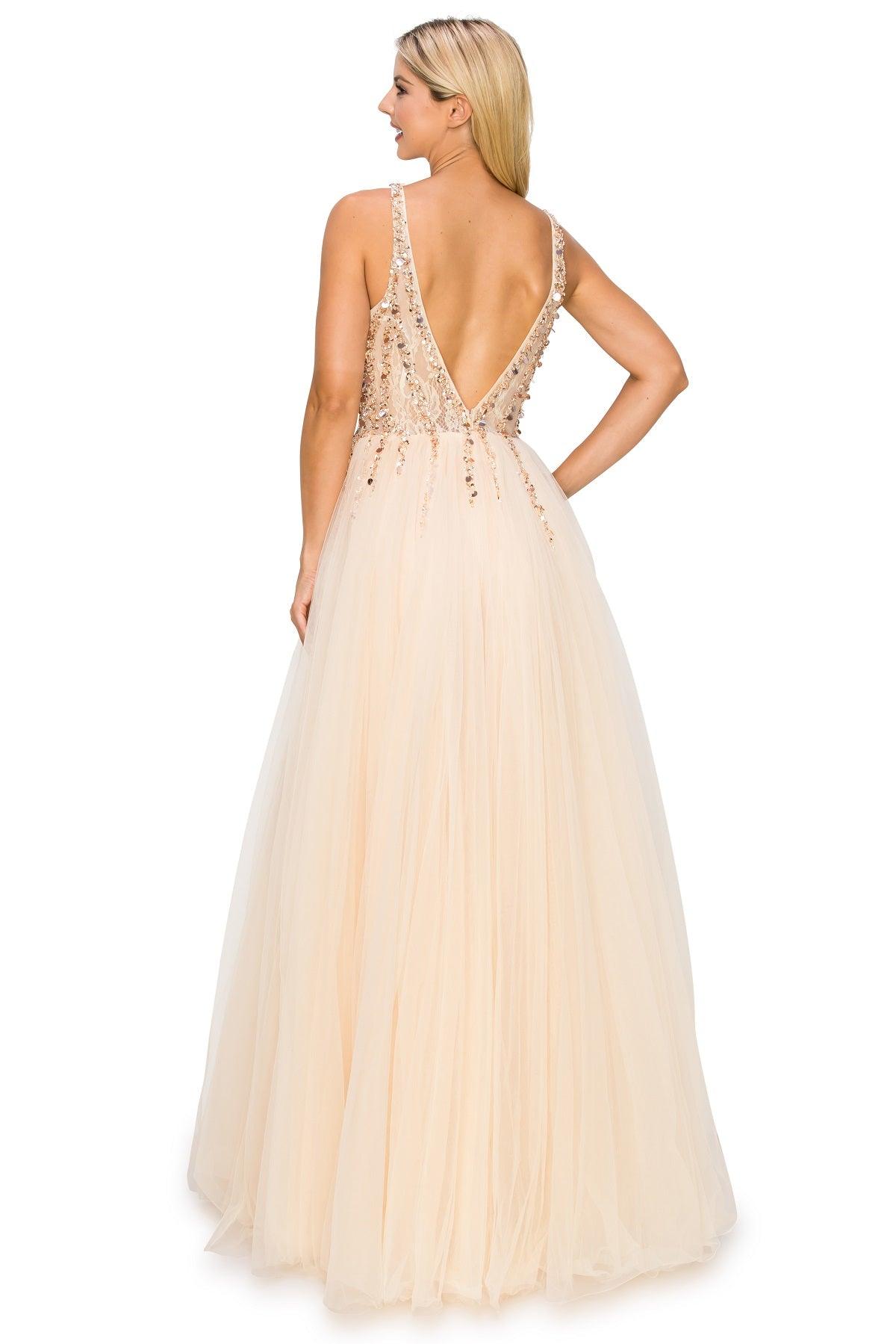 Cinderella Couture CC8034J Sleeveless Beaded Tulle Gown Champagne
