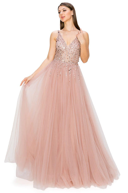 Cinderella Couture CC8034J Sleeveless Beaded Tulle Gown Dusty Rose