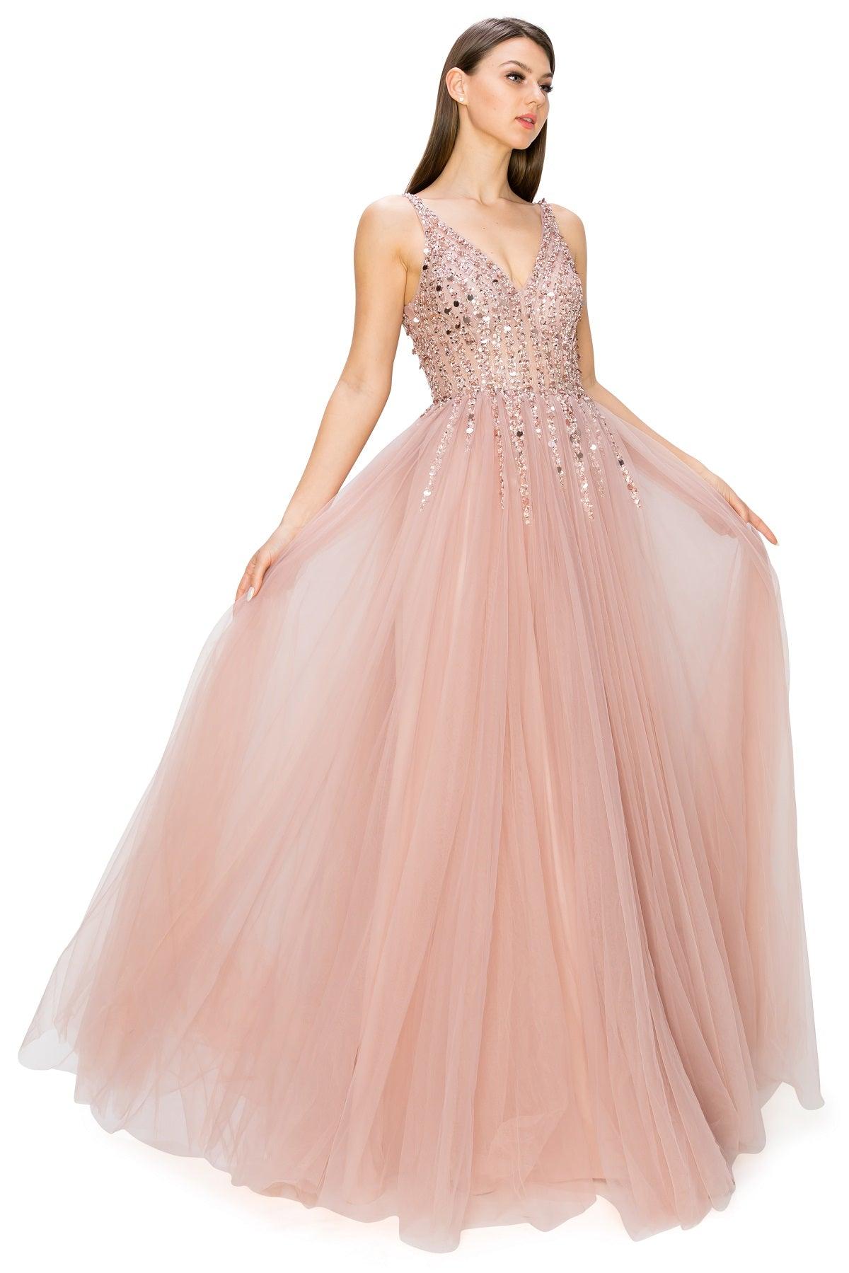 Cinderella Couture CC8034J Sleeveless Beaded Tulle Gown Dusty Rose