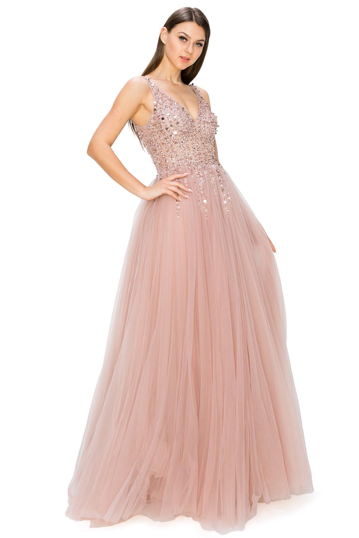 Cinderella Couture CC8034J Sleeveless Beaded Tulle Gown Dusty Rose