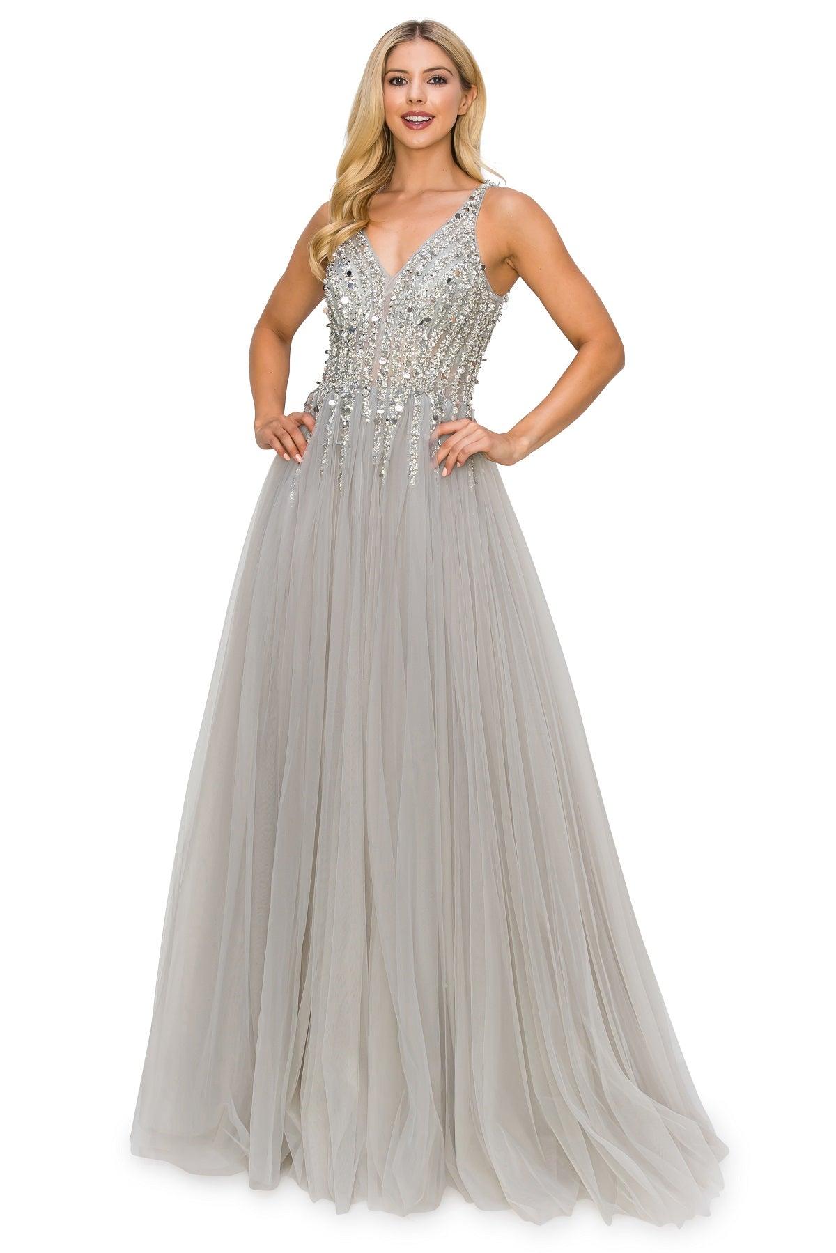 Cinderella Couture CC8034J Sleeveless Beaded Tulle Gown Silver