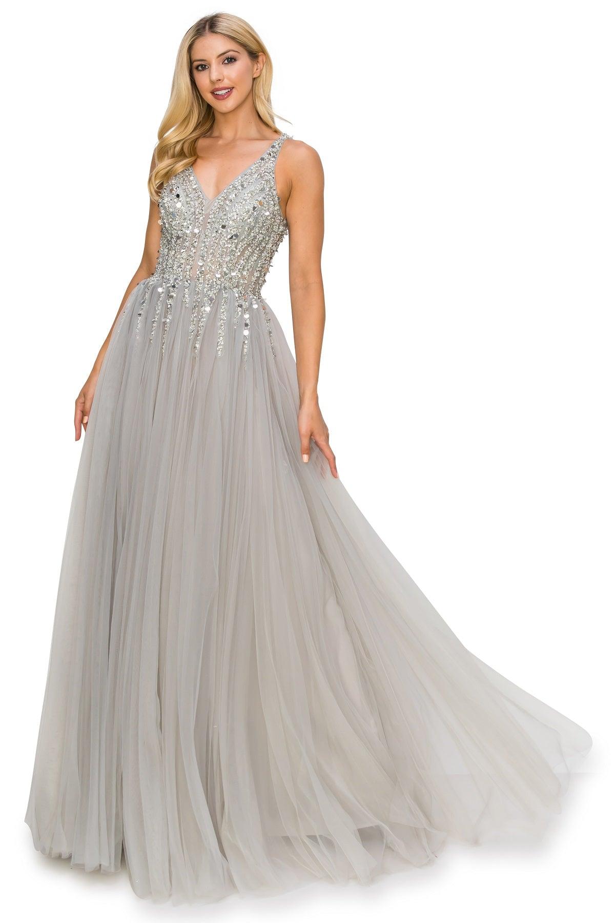 Cinderella Couture CC8034J Sleeveless Beaded Tulle Gown Silver