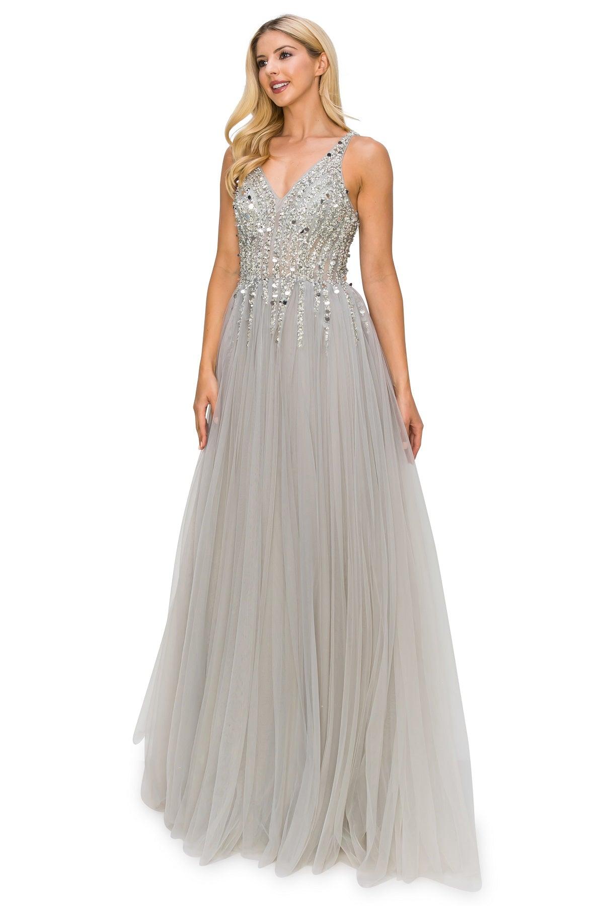Cinderella Couture CC8034J Sleeveless Beaded Tulle Gown Silver