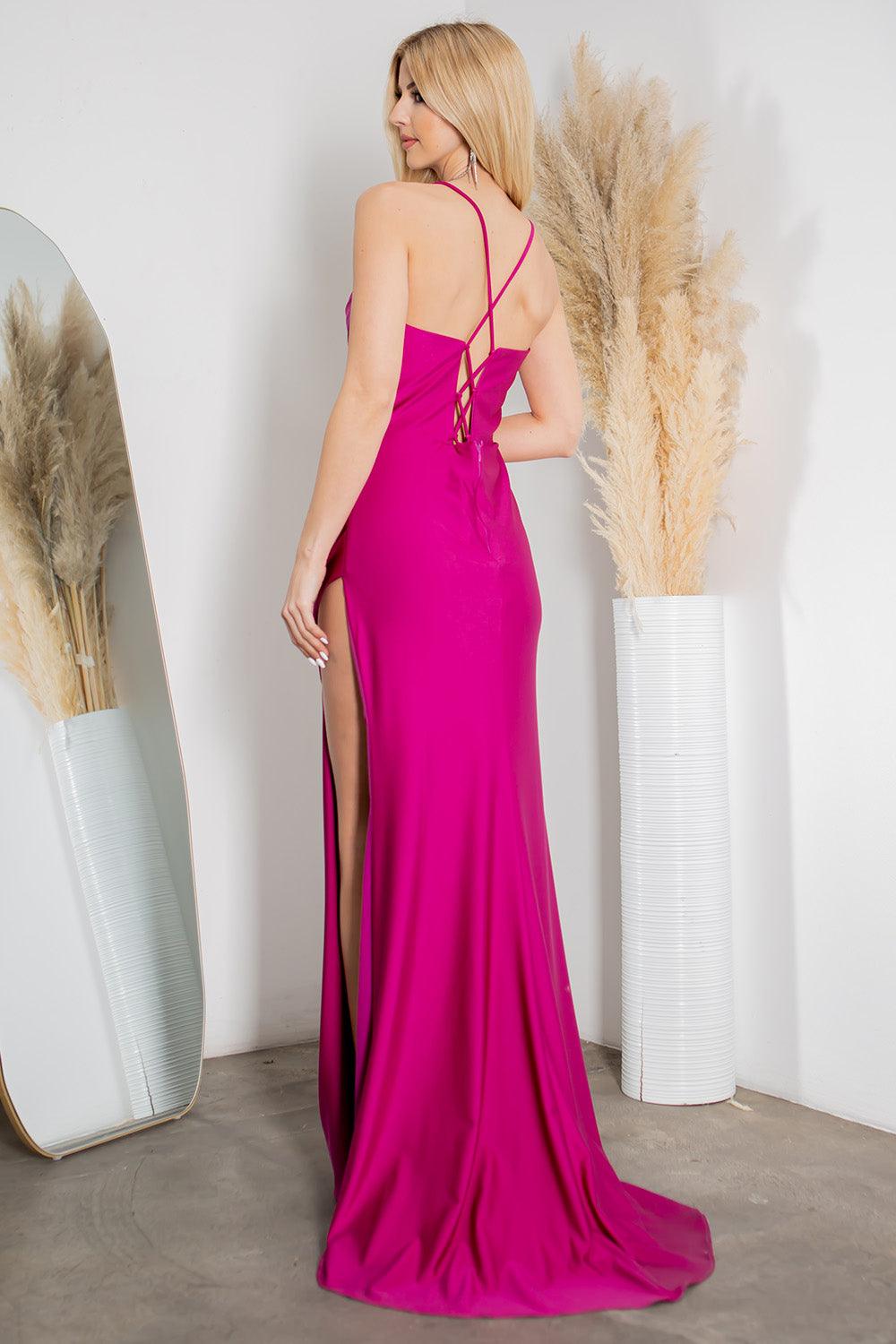 Cinderella Couture CC8035J Spaghetti Strap Satin Dress Fuchsia