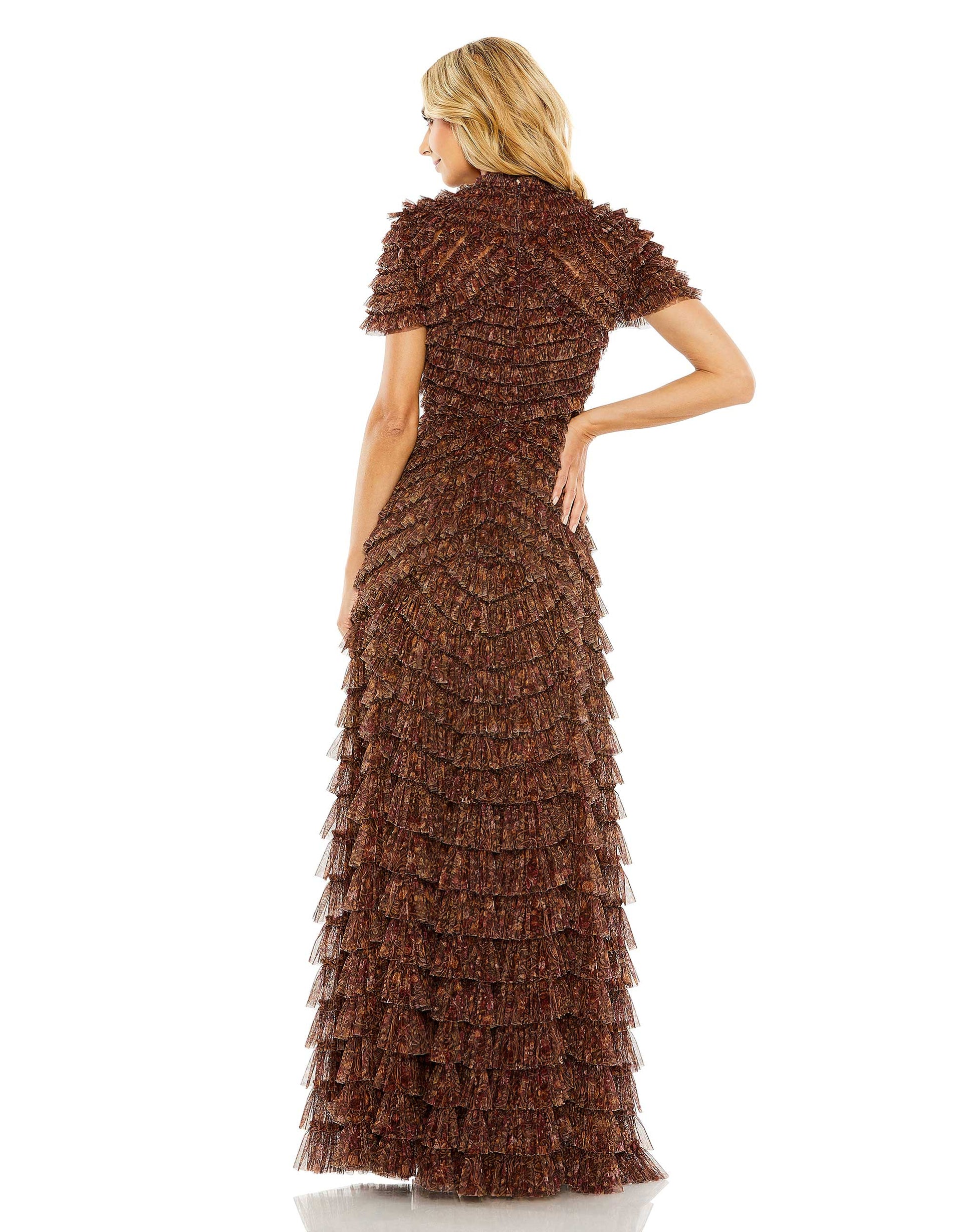 Mac Duggal 8042 Long Ruffle Tiered Short Sleeve Dress
