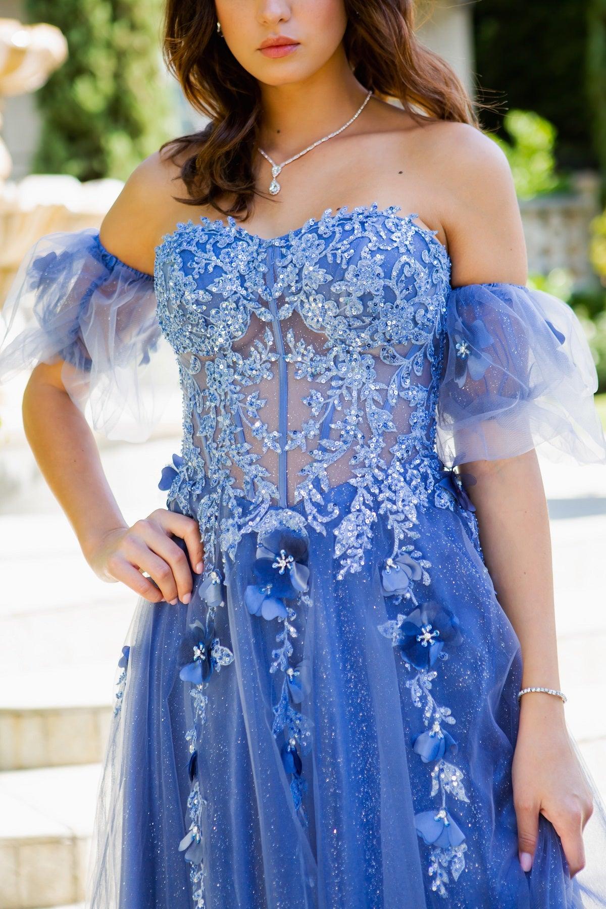 Cinderella Couture CC8042J Strapless A Line Glittered Tulle Gown Smoky Blue