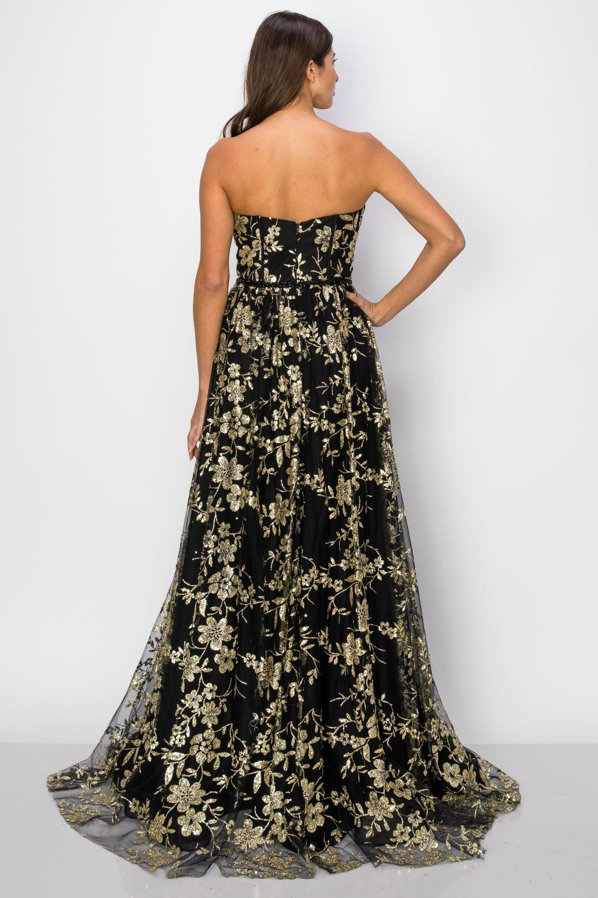 Cinderella Couture CC8043J Strapless Glittered Print A Line Gown Black