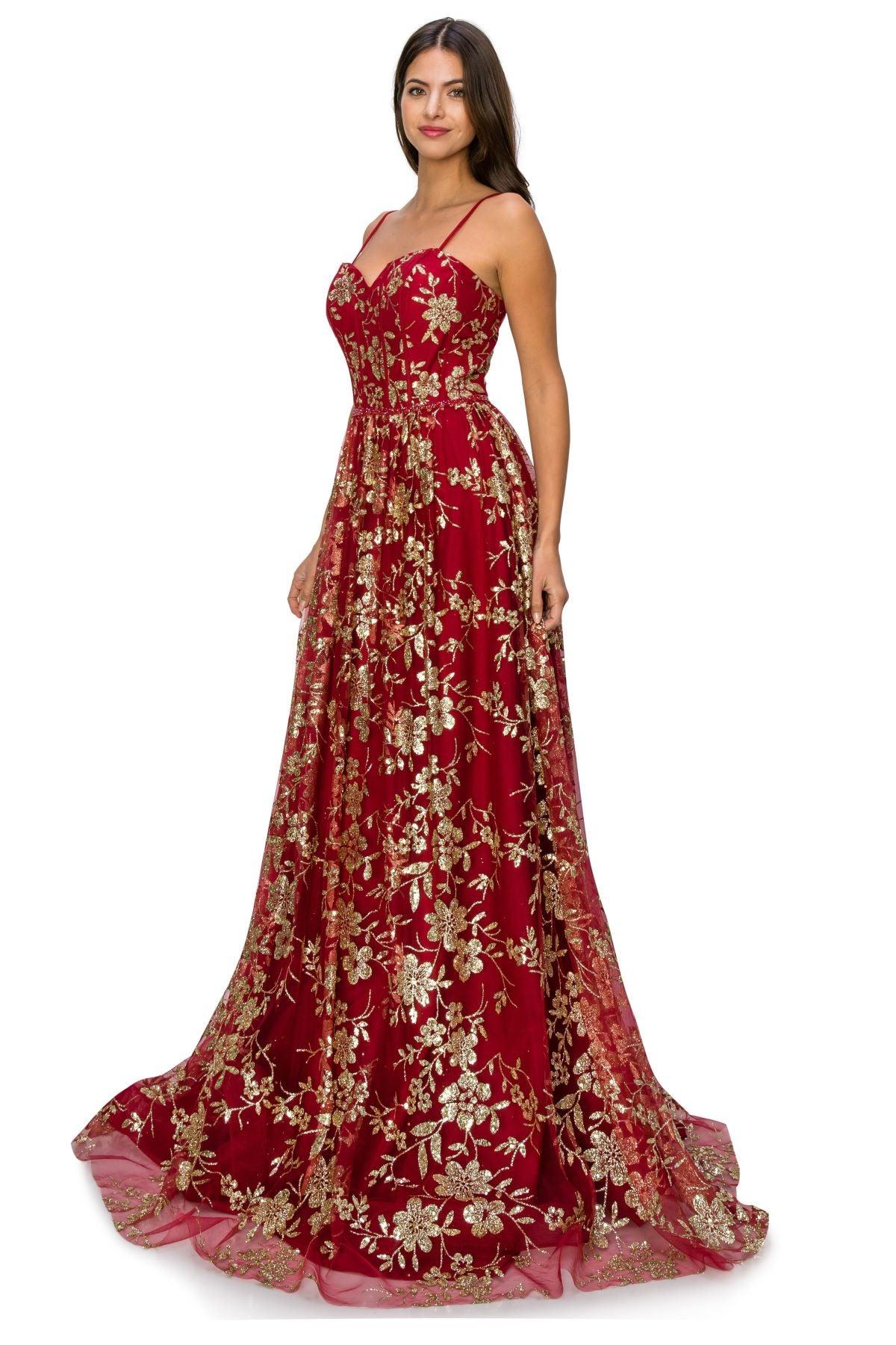 Cinderella Couture CC8043J Strapless Glittered Print A Line Gown Burgundy