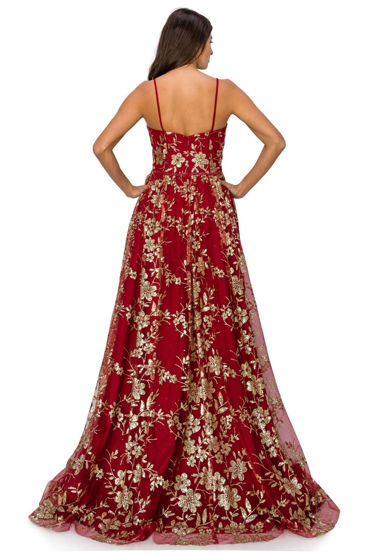 Cinderella Couture CC8043J Strapless Glittered Print A Line Gown Burgundy