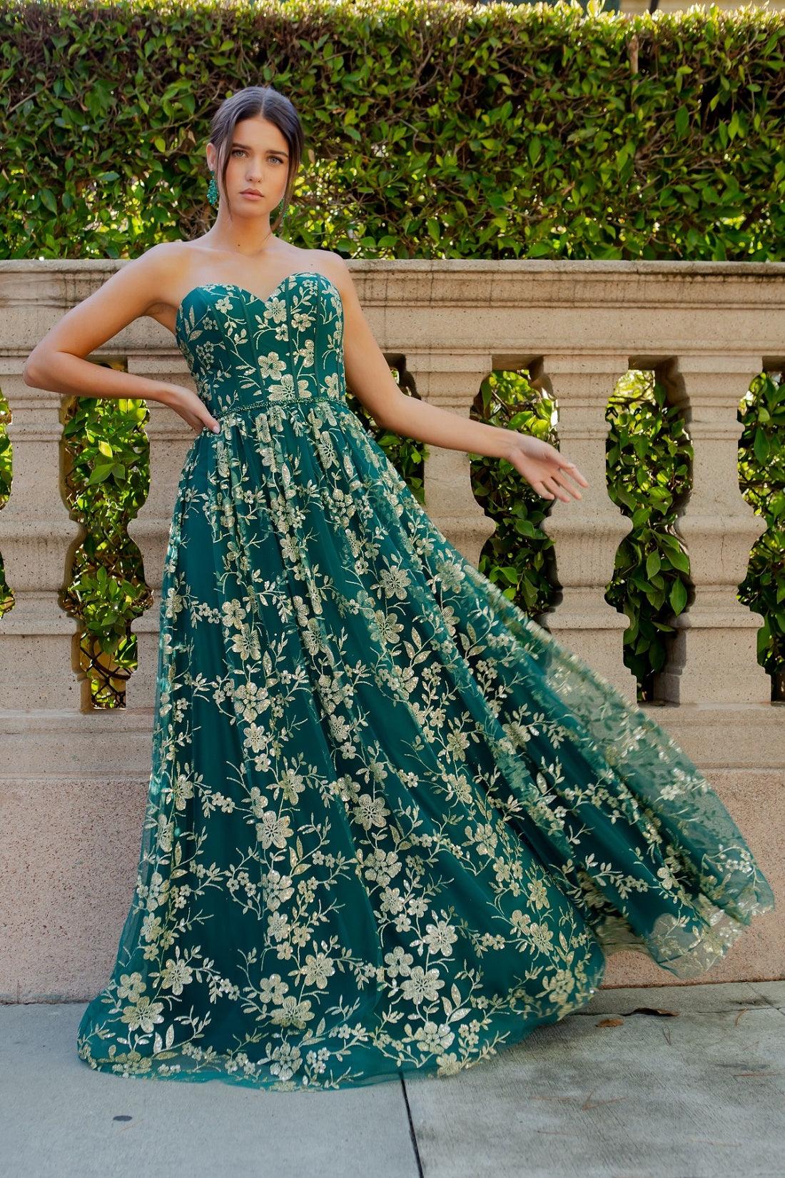 Cinderella Couture CC8043J Strapless Glittered Print A Line Gown Hunter Green