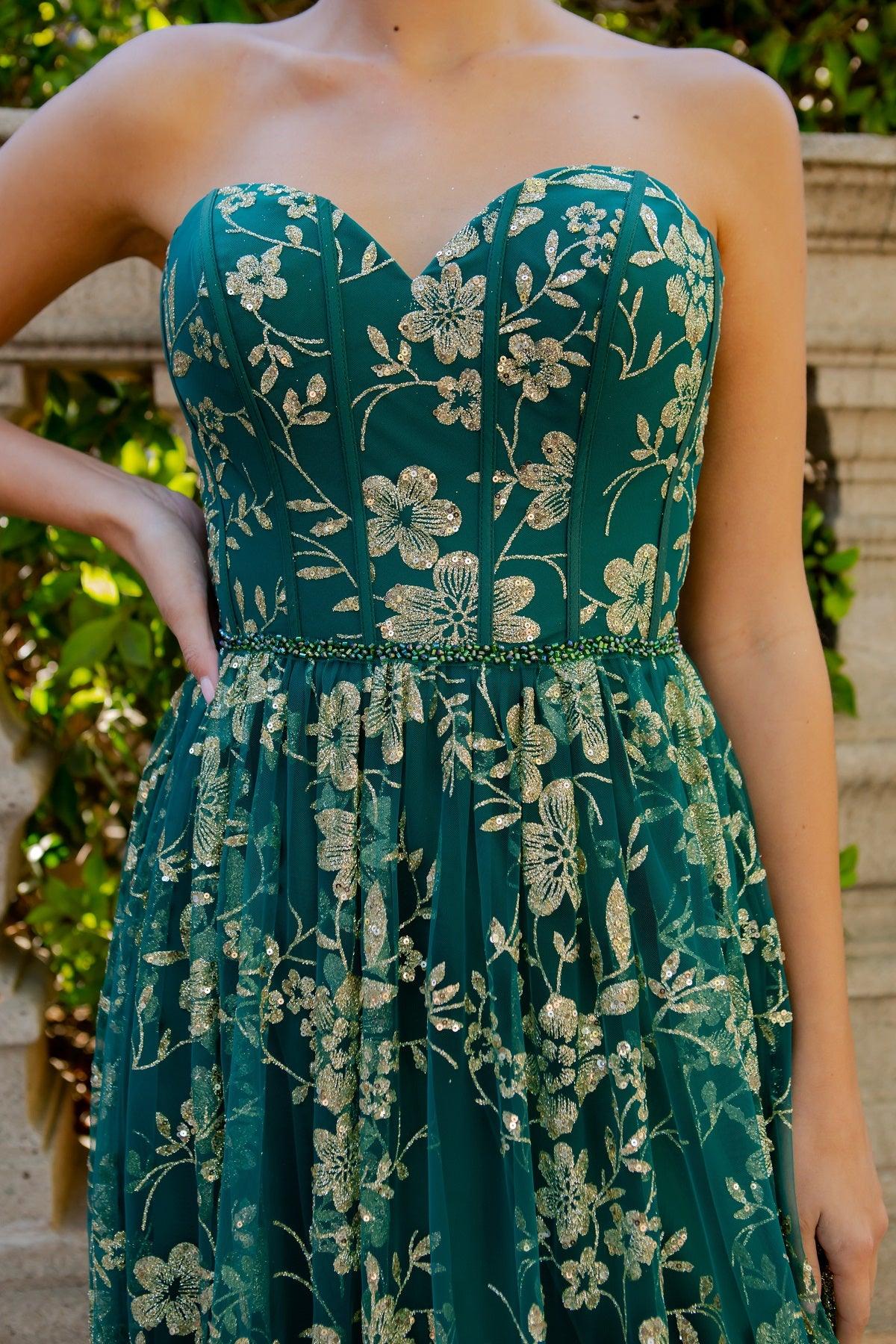 Cinderella Couture CC8043J Strapless Glittered Print A Line Gown Hunter Green