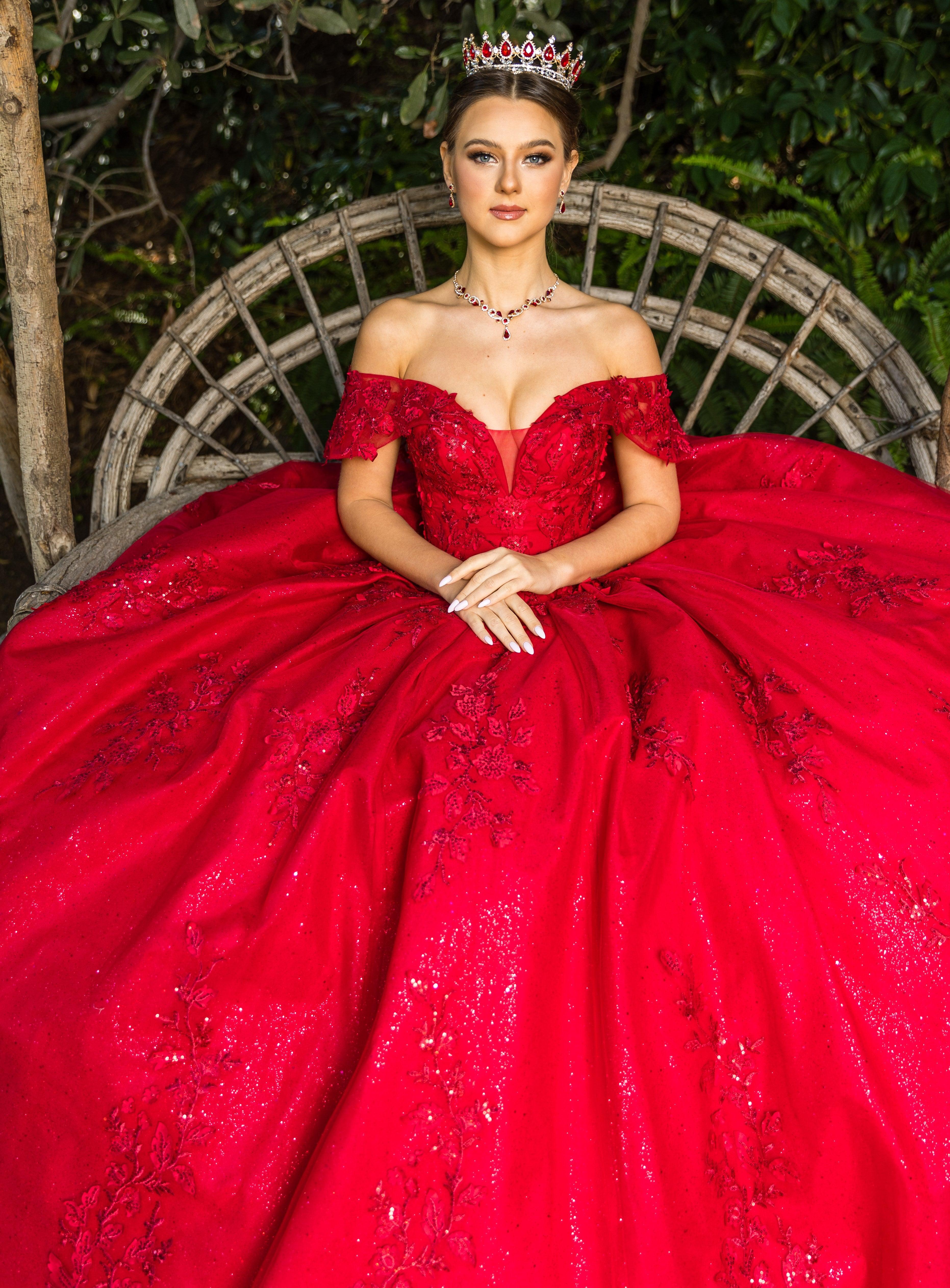 Cinderella Couture CC8045J Off Shoulder Lace Applique Ball Gown Red