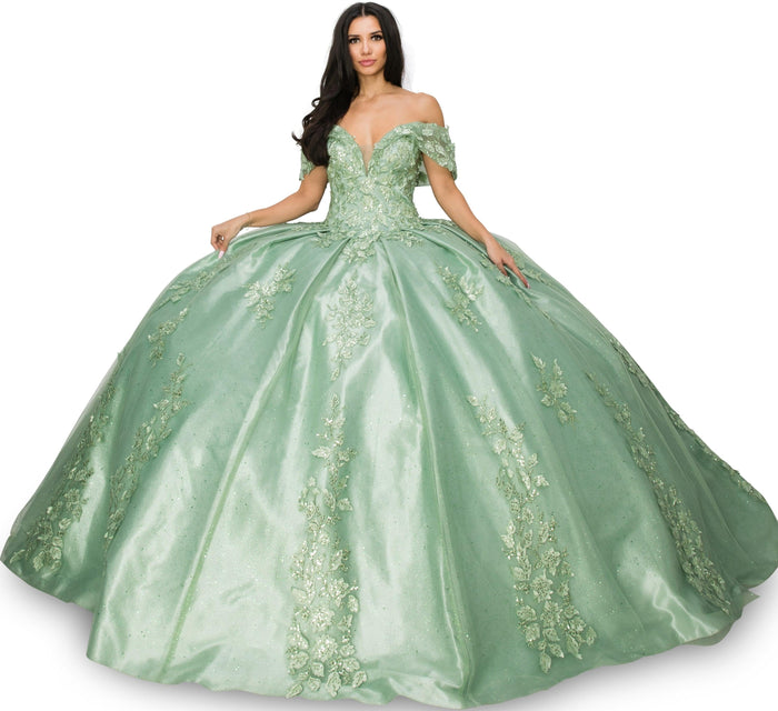 Cinderella Couture CC8045J Off Shoulder Lace Applique Ball Gown Sage