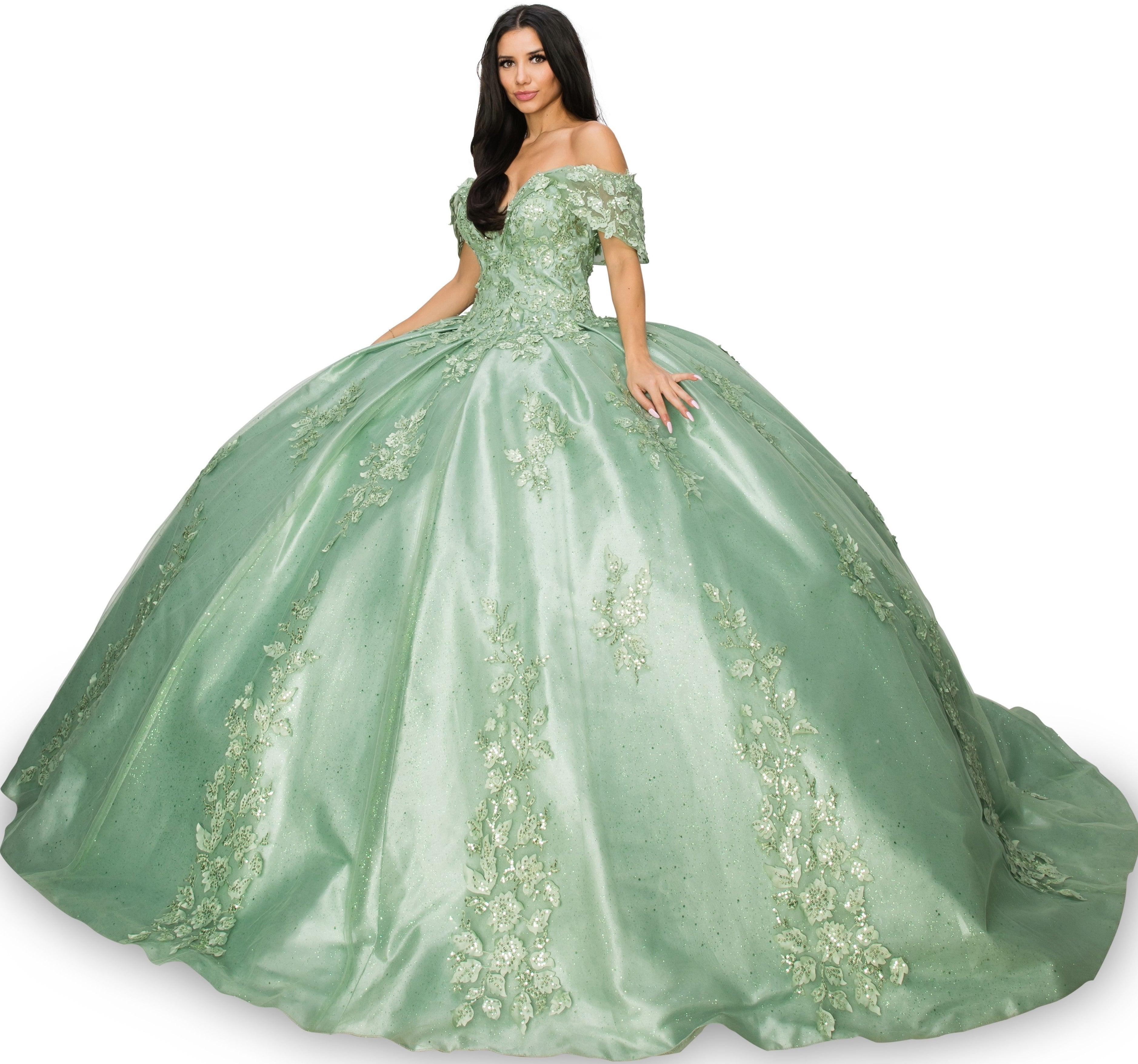 Cinderella Couture CC8045J Off Shoulder Lace Applique Ball Gown Sage