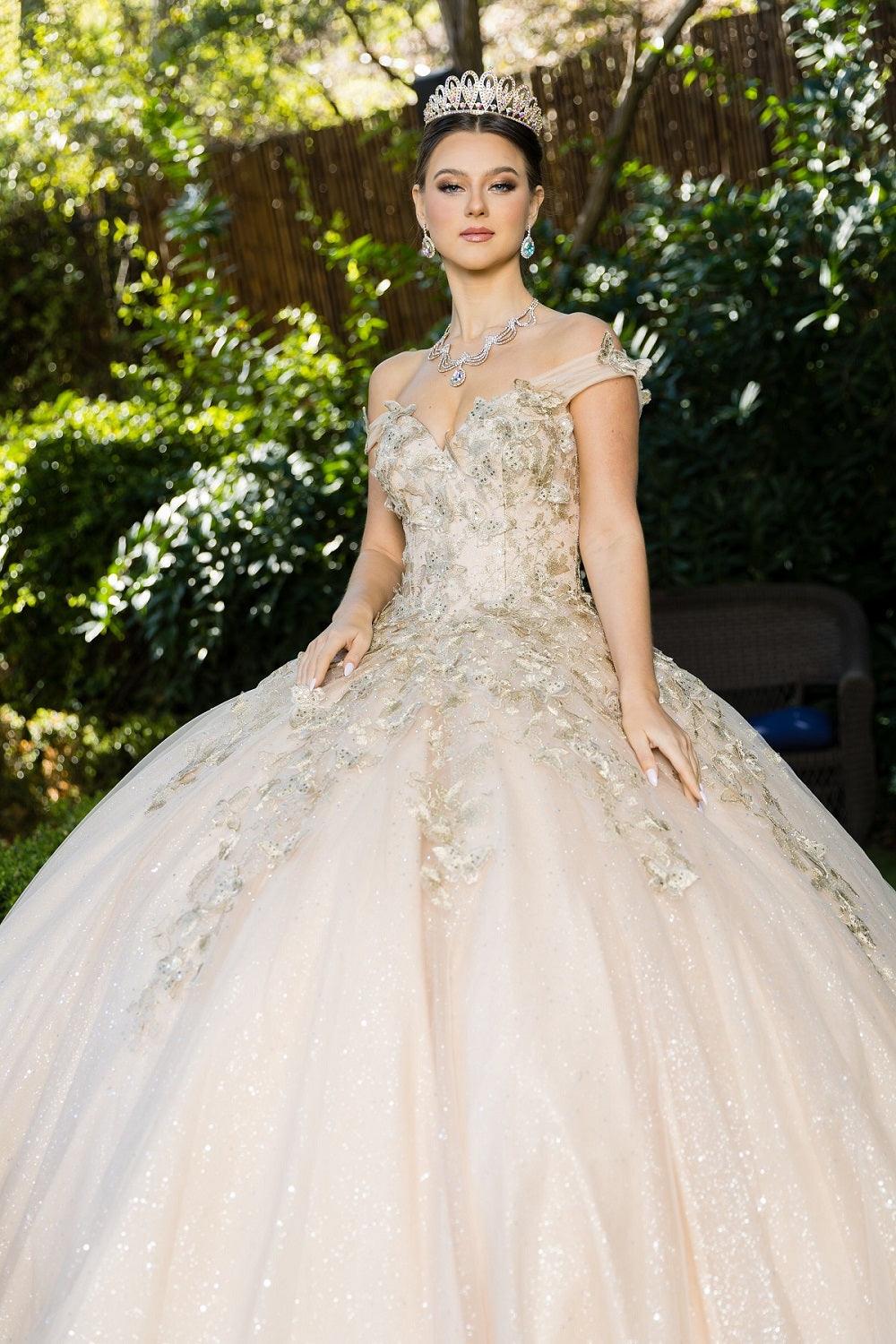 Cinderella Couture CC8046J Sleeveless Glitter Tulle Ball Gown Champagne
