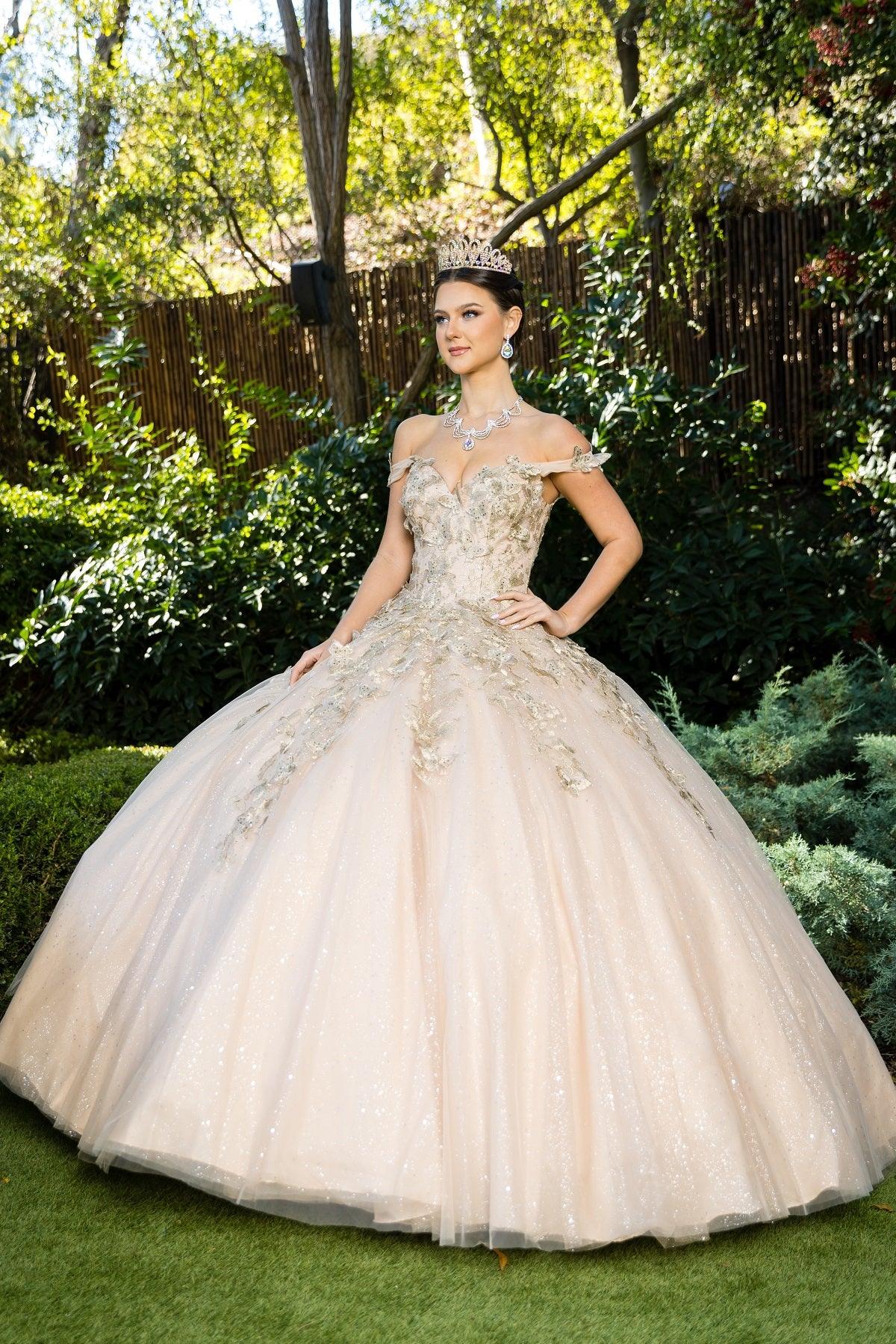 Cinderella Couture CC8046J Sleeveless Glitter Tulle Ball Gown Champagne