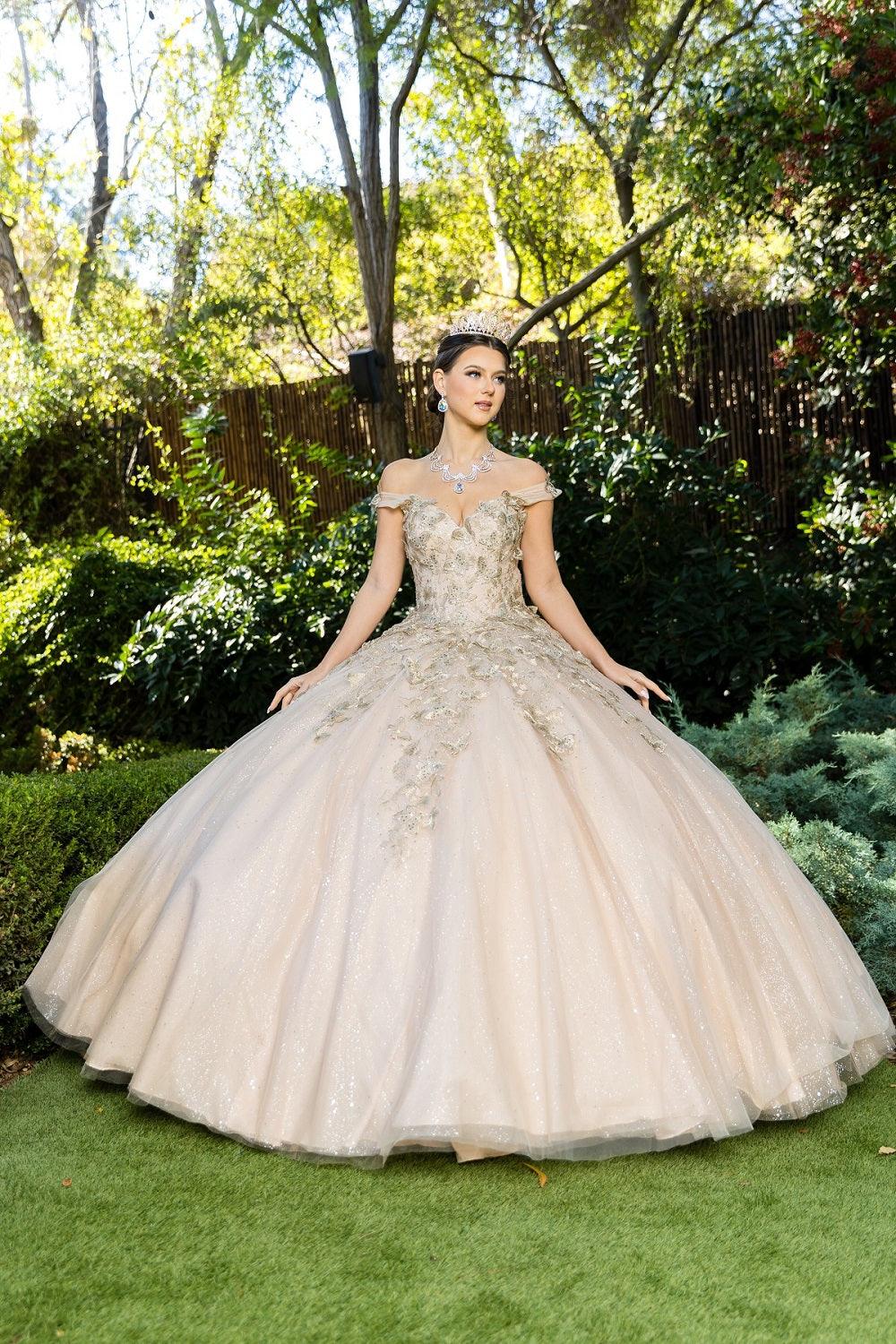 Cinderella Couture CC8046J Sleeveless Glitter Tulle Ball Gown Champagne
