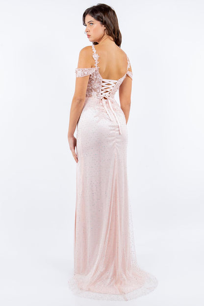 Cinderella Couture CC8049J Off Shoulder Fitted Slit Formal Dress Blush