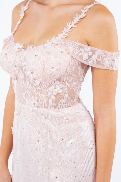 Cinderella Couture CC8049J Off Shoulder Fitted Slit Formal Dress Blush