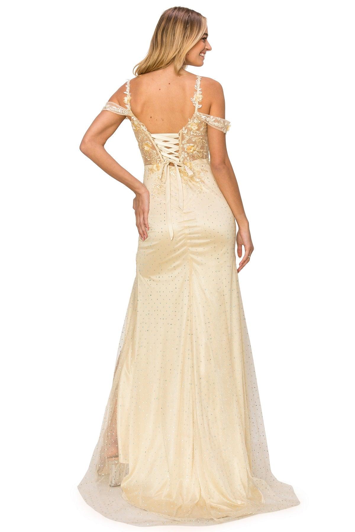 Cinderella Couture CC8049J Off Shoulder Fitted Slit Formal Dress Champagne