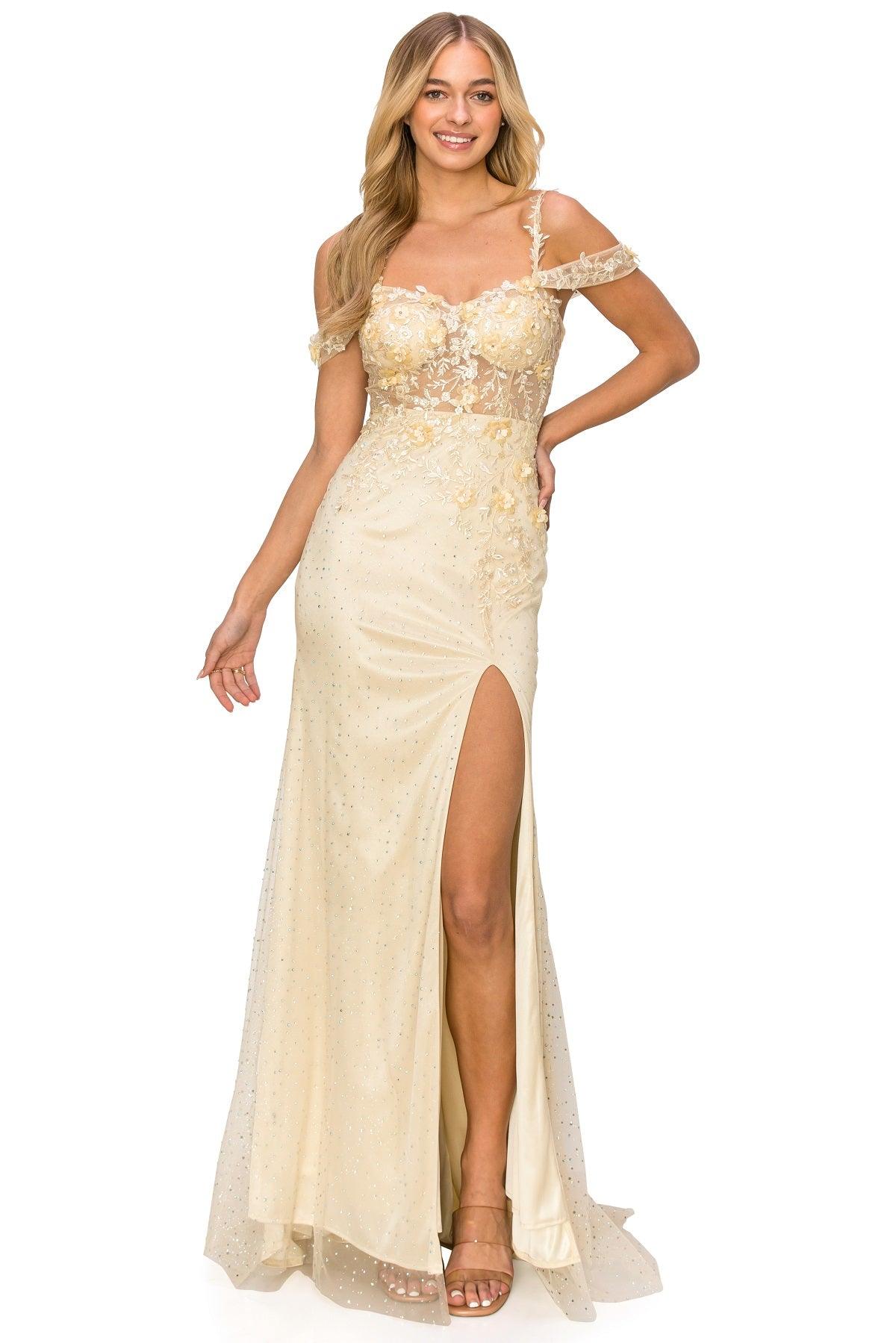 Cinderella Couture CC8049J Off Shoulder Fitted Slit Formal Dress Champagne