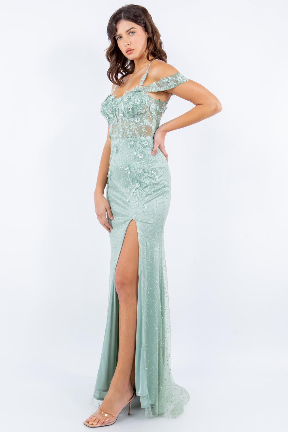 Cinderella Couture CC8049J Off Shoulder Fitted Slit Formal Dress Sage