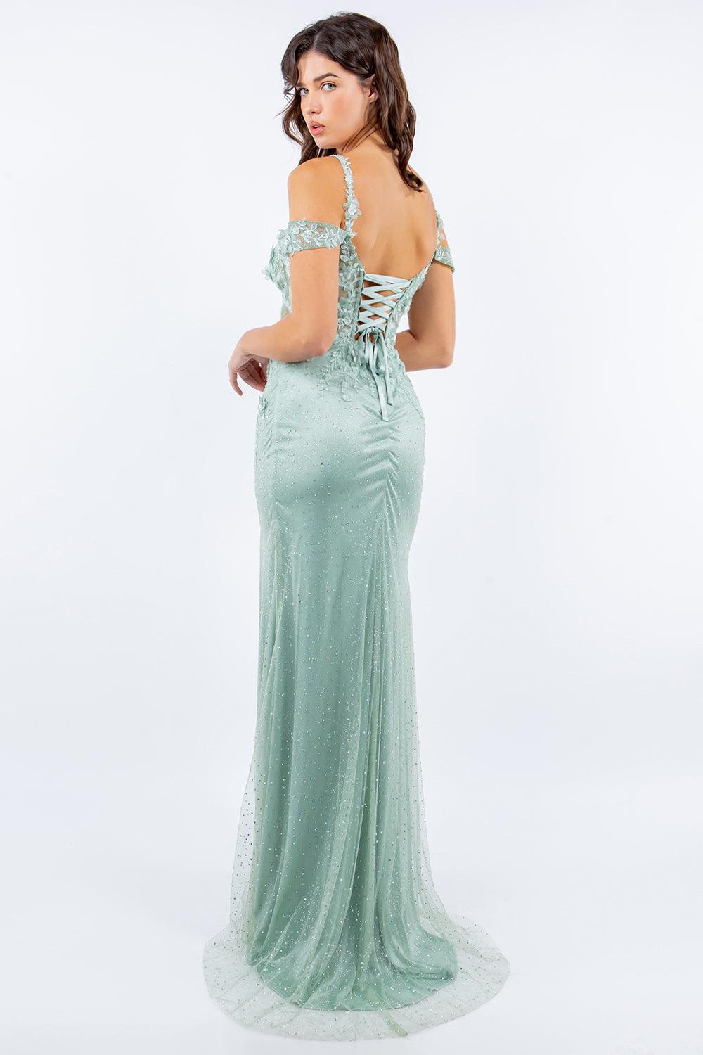 Cinderella Couture CC8049J Off Shoulder Fitted Slit Formal Dress Sage