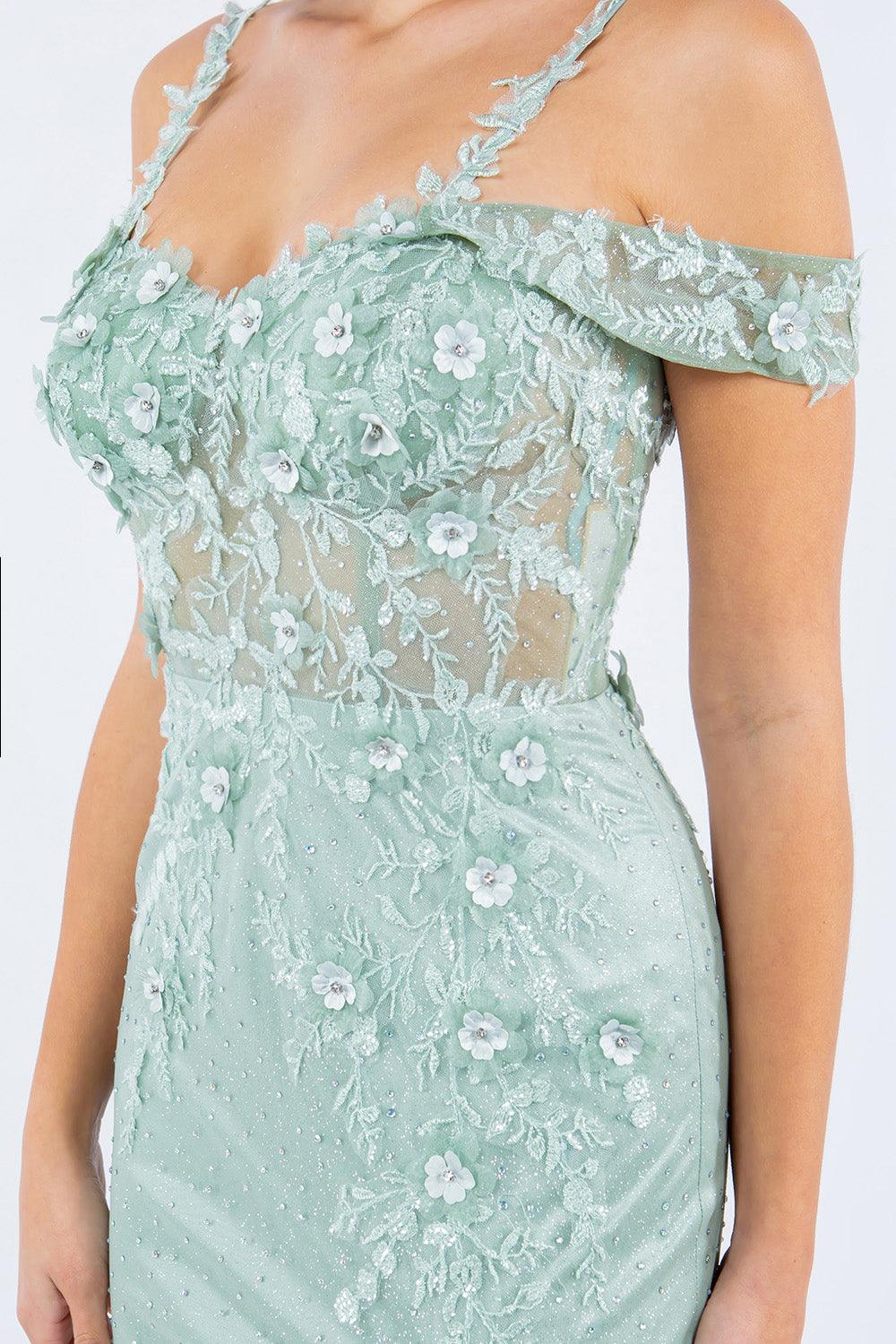 Cinderella Couture CC8049J Off Shoulder Fitted Slit Formal Dress Sage