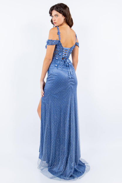 Cinderella Couture CC8049J Off Shoulder Fitted Slit Formal Dress Smoky Blue