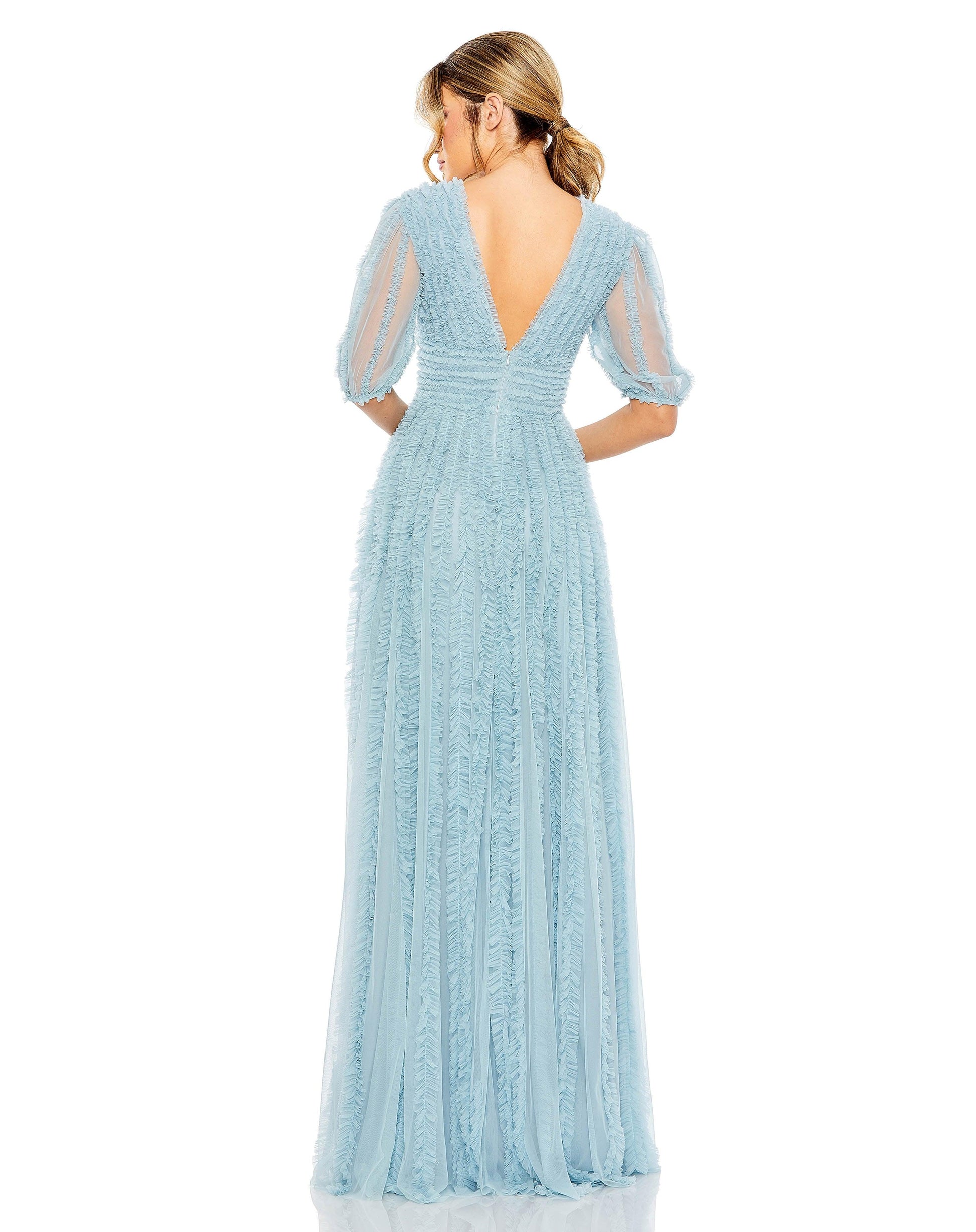 Mac Duggal 8050 Long Formal Puff Sleeve Ruffle Dress