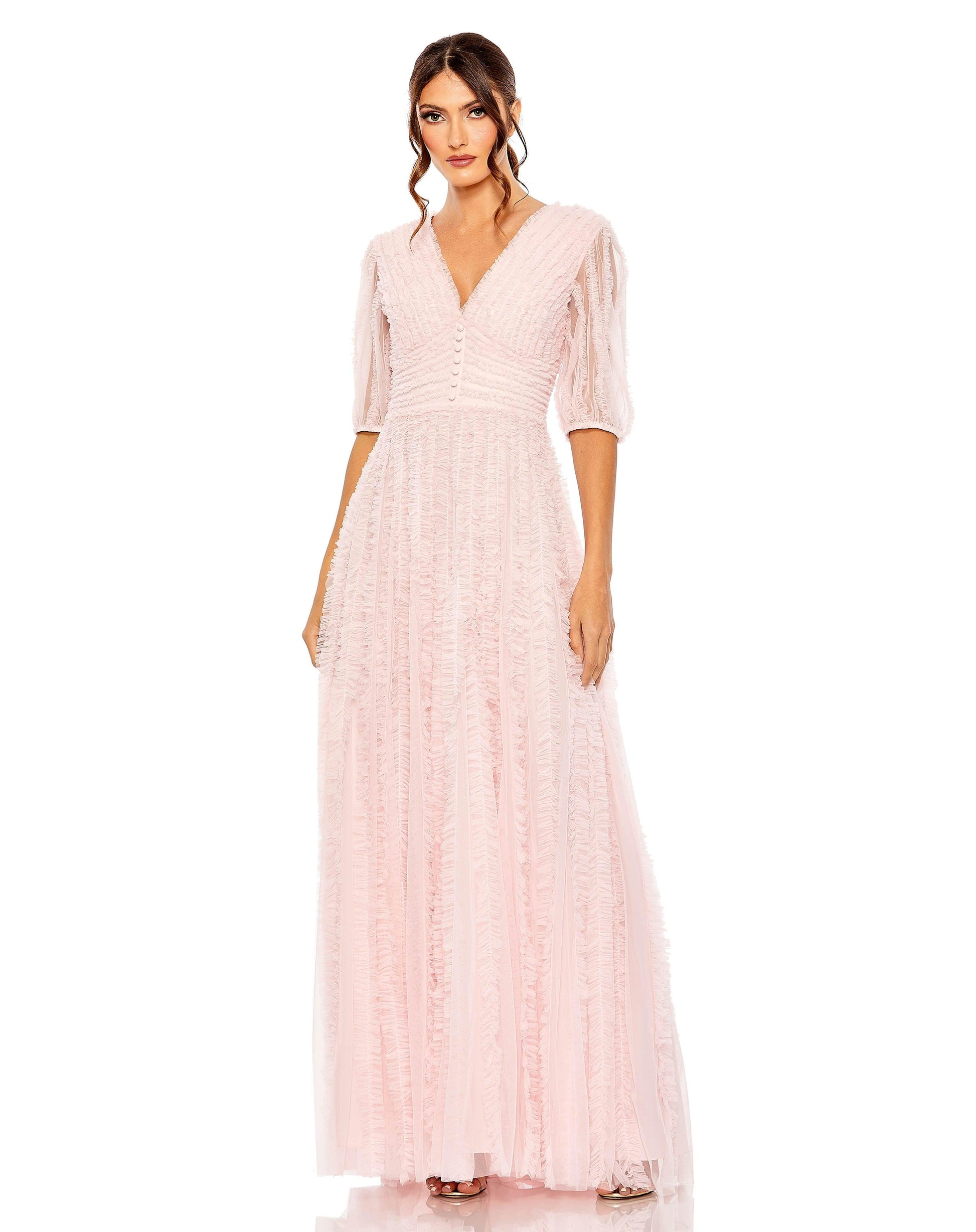 Mac Duggal 8050 Long Formal Puff Sleeve Ruffle Dress