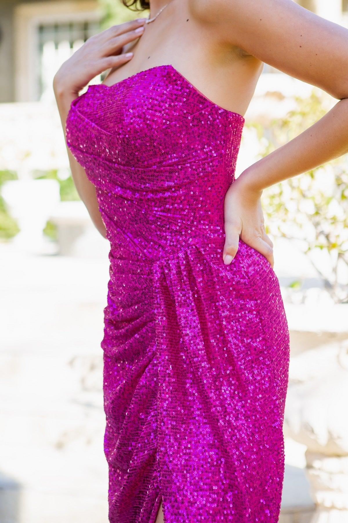 Cinderella Couture CC8052J Strapless Glitter Formal Dress Fuchsia