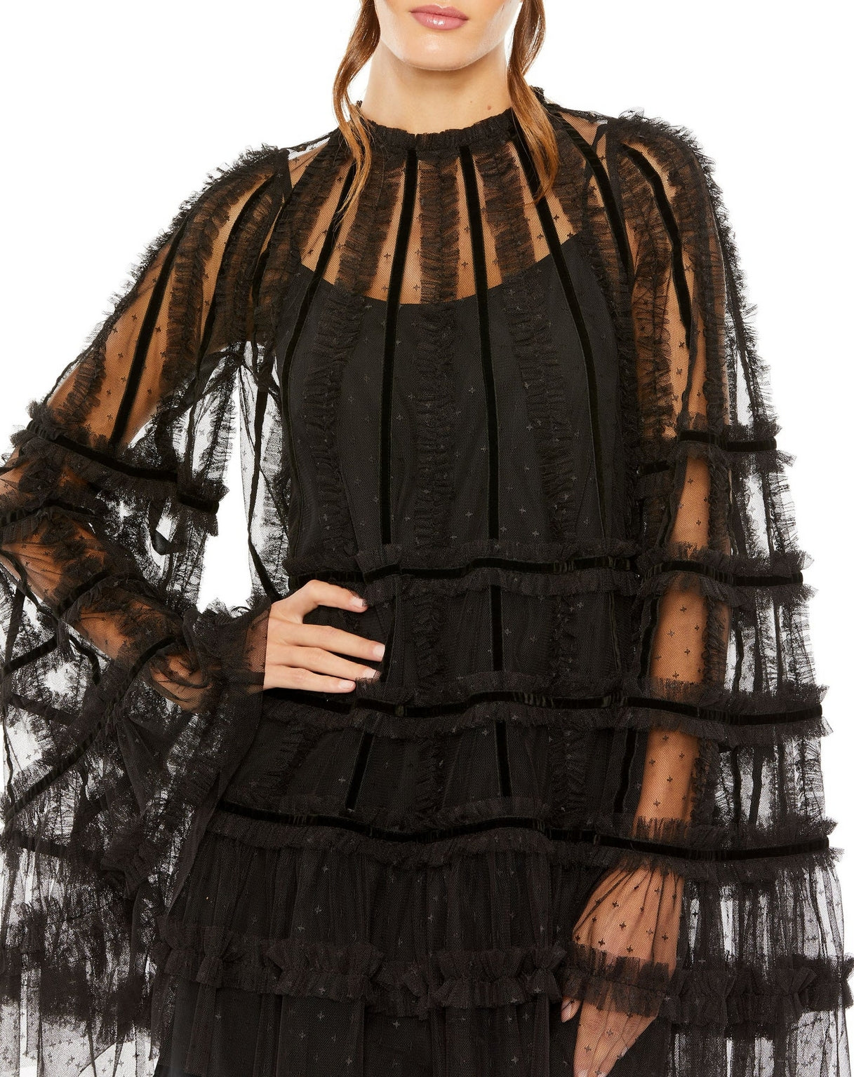 Black Mac Duggal 8053 High Neck Ruffle Bell Sleeve Trapeze Short Dress