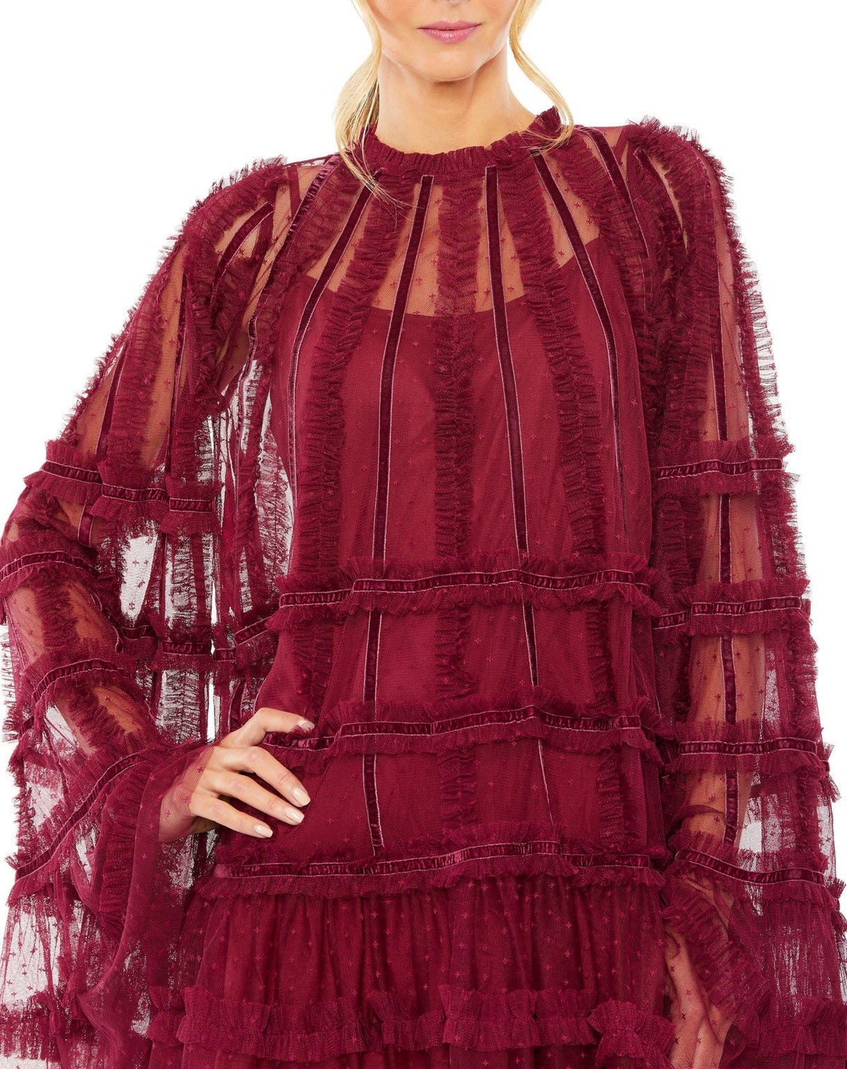 Crimson Mac Duggal 8053 High Neck Ruffle Bell Sleeve Trapeze Short ...