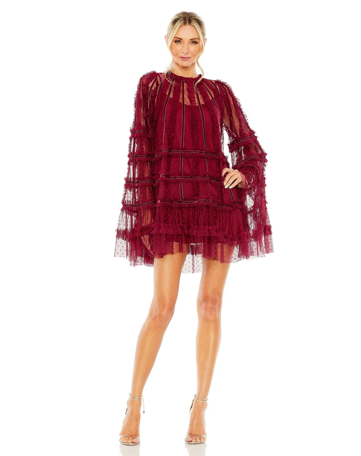 Crimson Mac Duggal 8053 High Neck Ruffle Bell Sleeve Trapeze Short ...