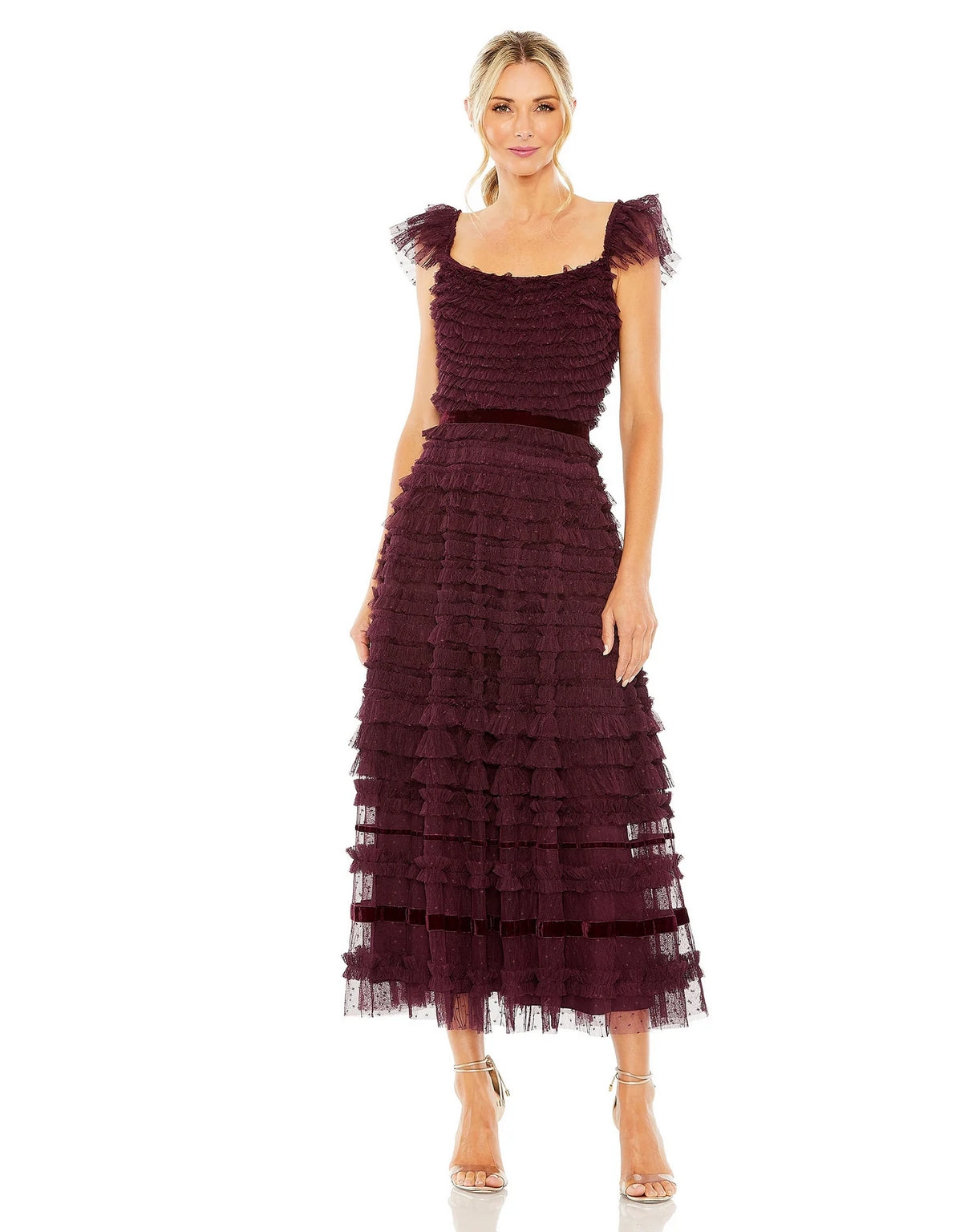 Mac Duggal - Black Ruffle Cap Sleeve Tiered Midi Dress