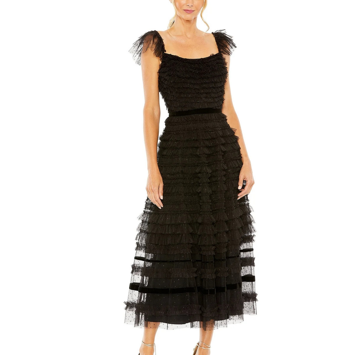 mac duggal tiered ruffle crew neck long sleeve midi dress Women's Ieena Long Sleeve Ruffle Tiered Midi Dress