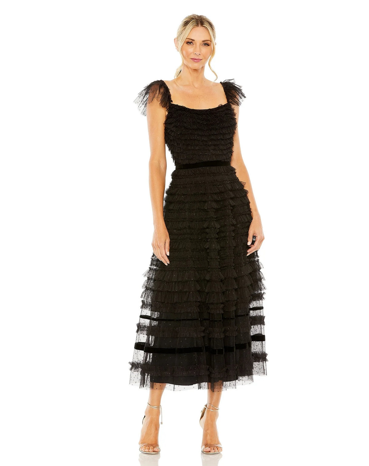 Ruffle Cap Sleeve Embellished Tiered Midi Dress Ruffle Cap Sleeve Embe The Dress Outlet Ruffle Cap Sleeve Embellished Tiered Midi Dress Ruffle Cap Sleeve Embe The Dress Outlet