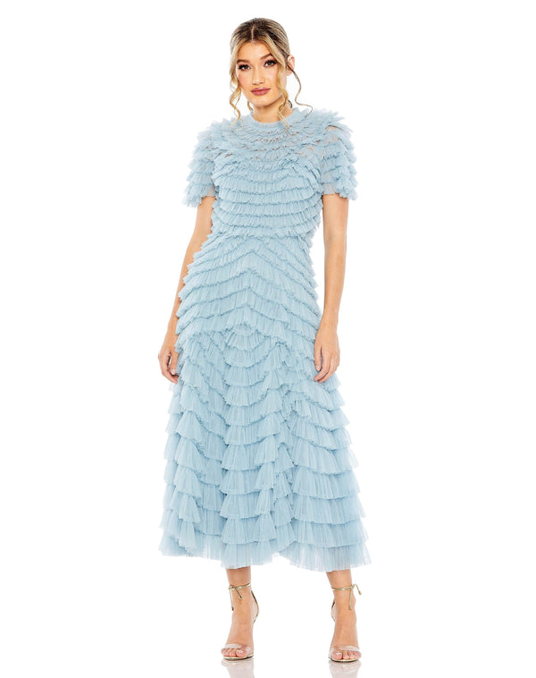 Short Sleeve Chiffon Tea Length Formal Dress Chiffon Fabric & Short Sleeves Mac Duggal 8055