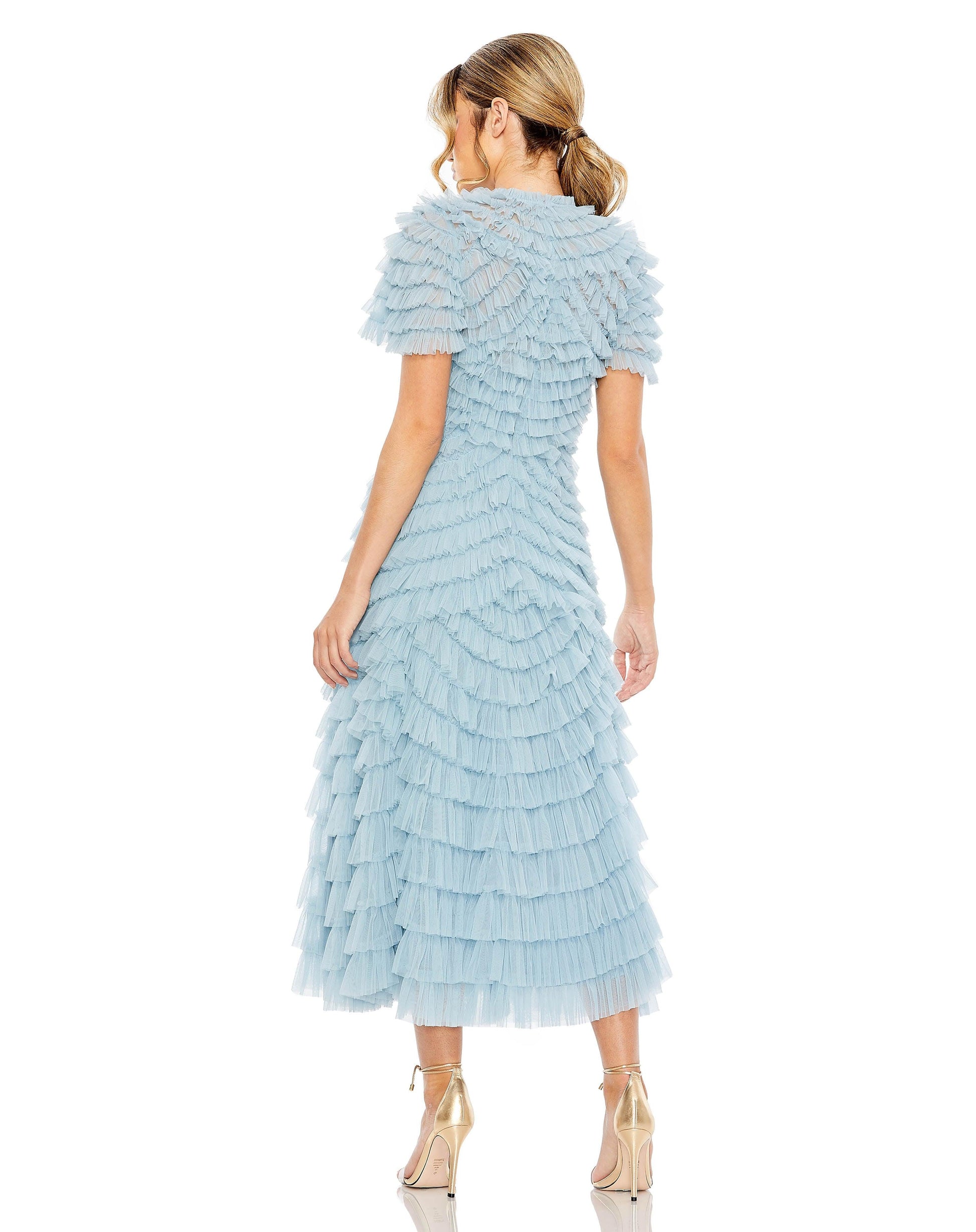 Mac Duggal 8055 Short Sleeve Chiffon Tea Length Formal Dress