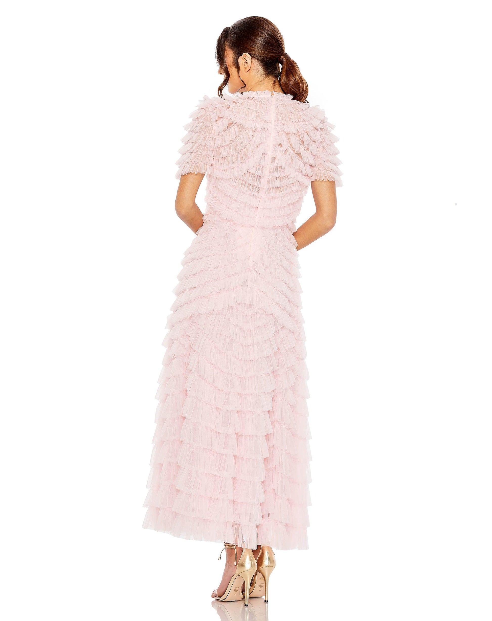 Mac Duggal 8055 Short Sleeve Chiffon Tea Length Formal Dress